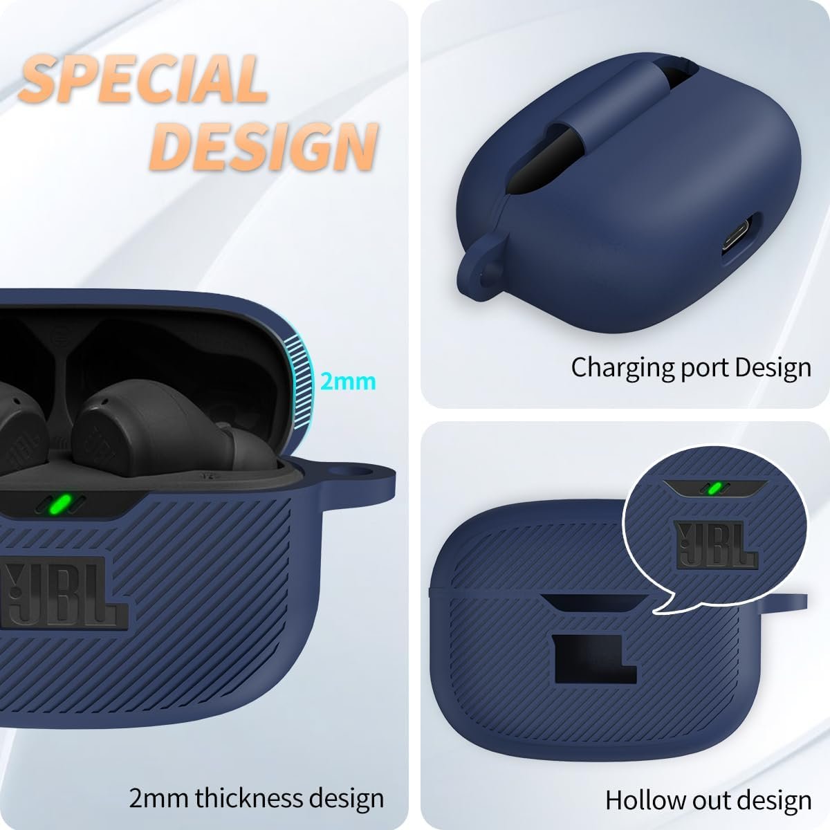 for JBL Vibe 200TWS/JBL Vibe Beam Case Cover, Silicone Protective Shock Cover Compatible with JBL Vibe 200TWS & JBL Vibe Beam True Wireless Headphones Charging Case with Carabiner(Blue) - Image 4