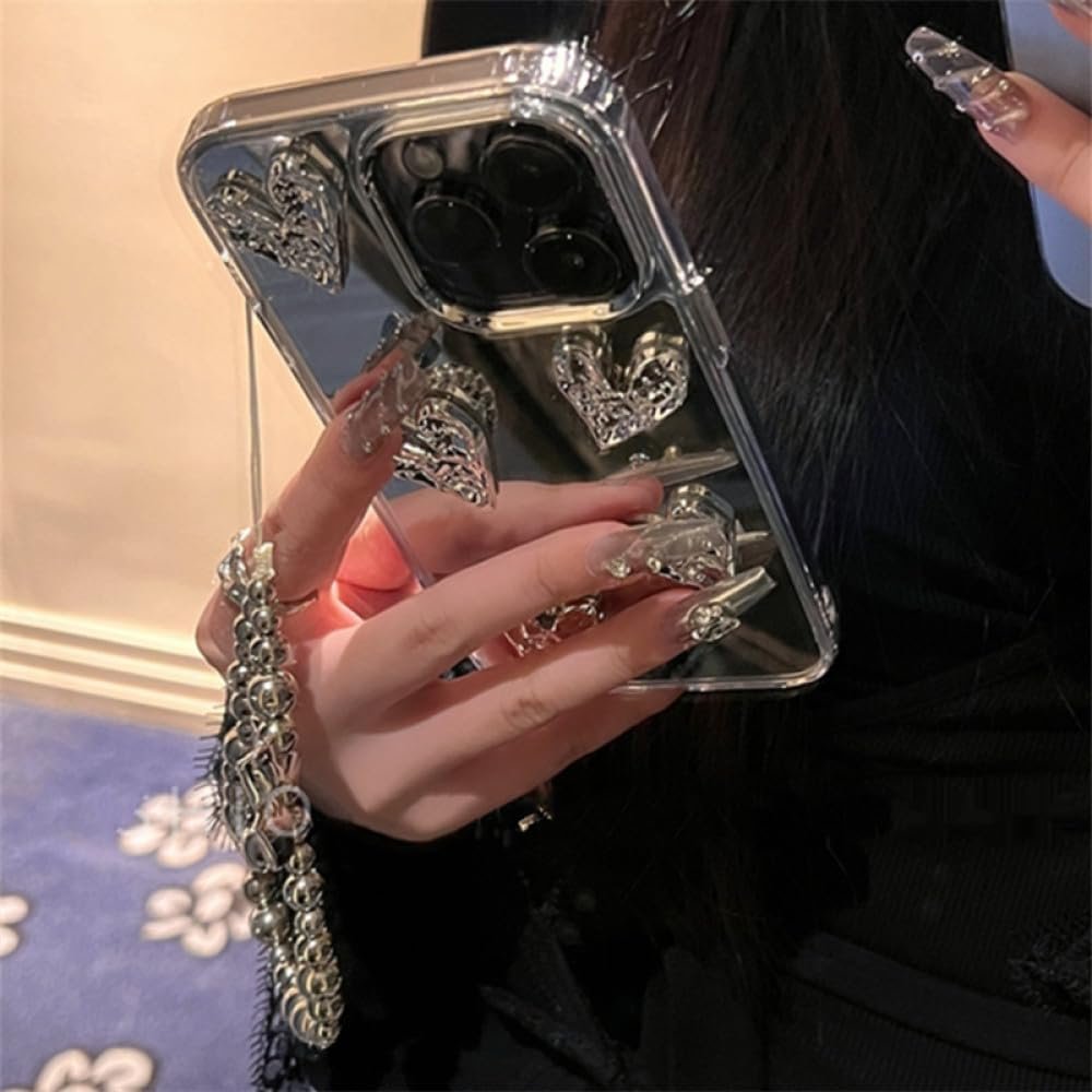 Stylish Korea Cute 3D Heart Bracelet Phone Case for iPhone 15 13 14 11 12 Pro Max Silvery Mirror Cover Girl Electroplated Shell,Silver,for iPhone 15 - Image 5