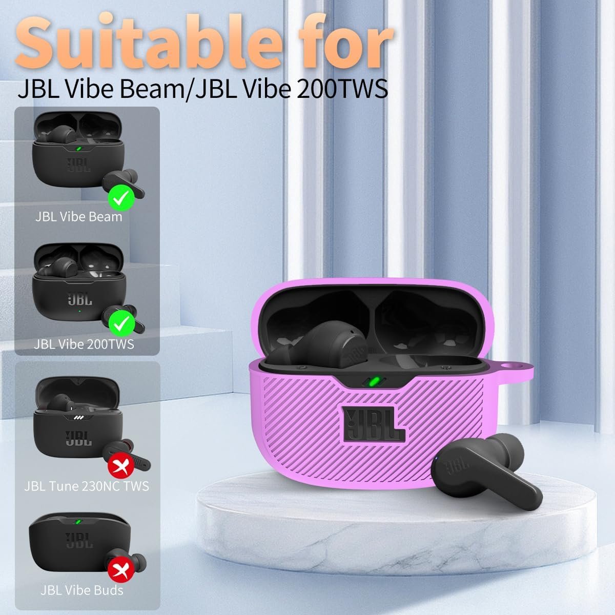 for JBL Vibe 200TWS/JBL Vibe Beam Case Cover, Silicone Protective Shock Cover Compatible with JBL Vibe 200TWS & JBL Vibe Beam True Wireless Headphones Charging Case with Carabiner(Purple) - Image 6