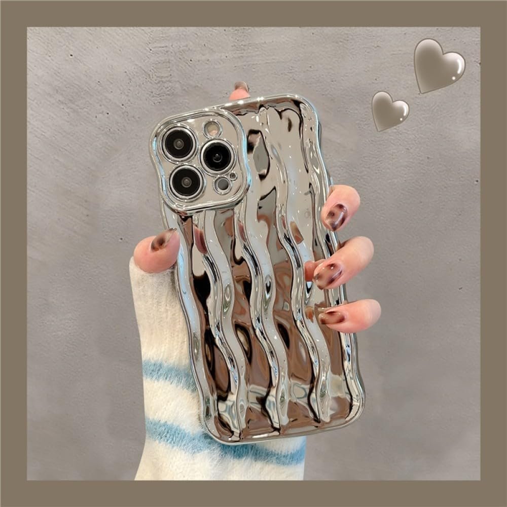 Luxury Electroplated Wavy Pattern Phone Case for iPhone 11 12 13 14 15 Pro Max Candy Bumper Soft Silicone Cases Cover,Silver,for iPhone 14Pro - Image 3