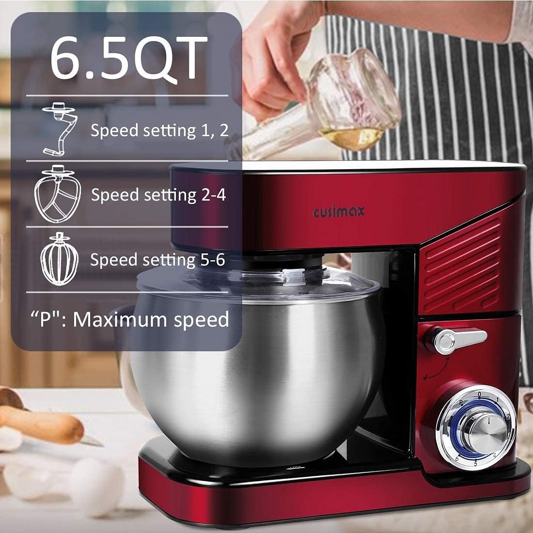 Stand Mixer, CUSIMAX 6.5QT Stainless Steel kitchen Electric Mixer 6-Speeds Tilt-Head Dough Mixers for Home Use with Dough Hook, Wire Whisk & Flat Beater, Splash Guard, Red - Image 3