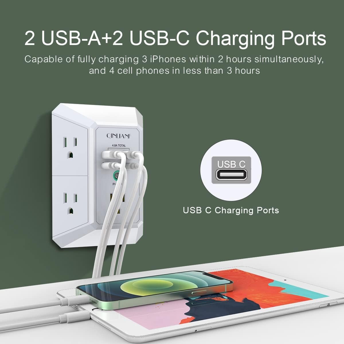 USB Wall Charger, Surge Protector, QINLIANF 5 Outlet Extender with 4 USB Charging Ports (4.8A Total) 3-Sided 1680J Power Strip Multi Plug Outlets Wall Adapter Spaced for Home Travel Office(2U2C),White - Image 3