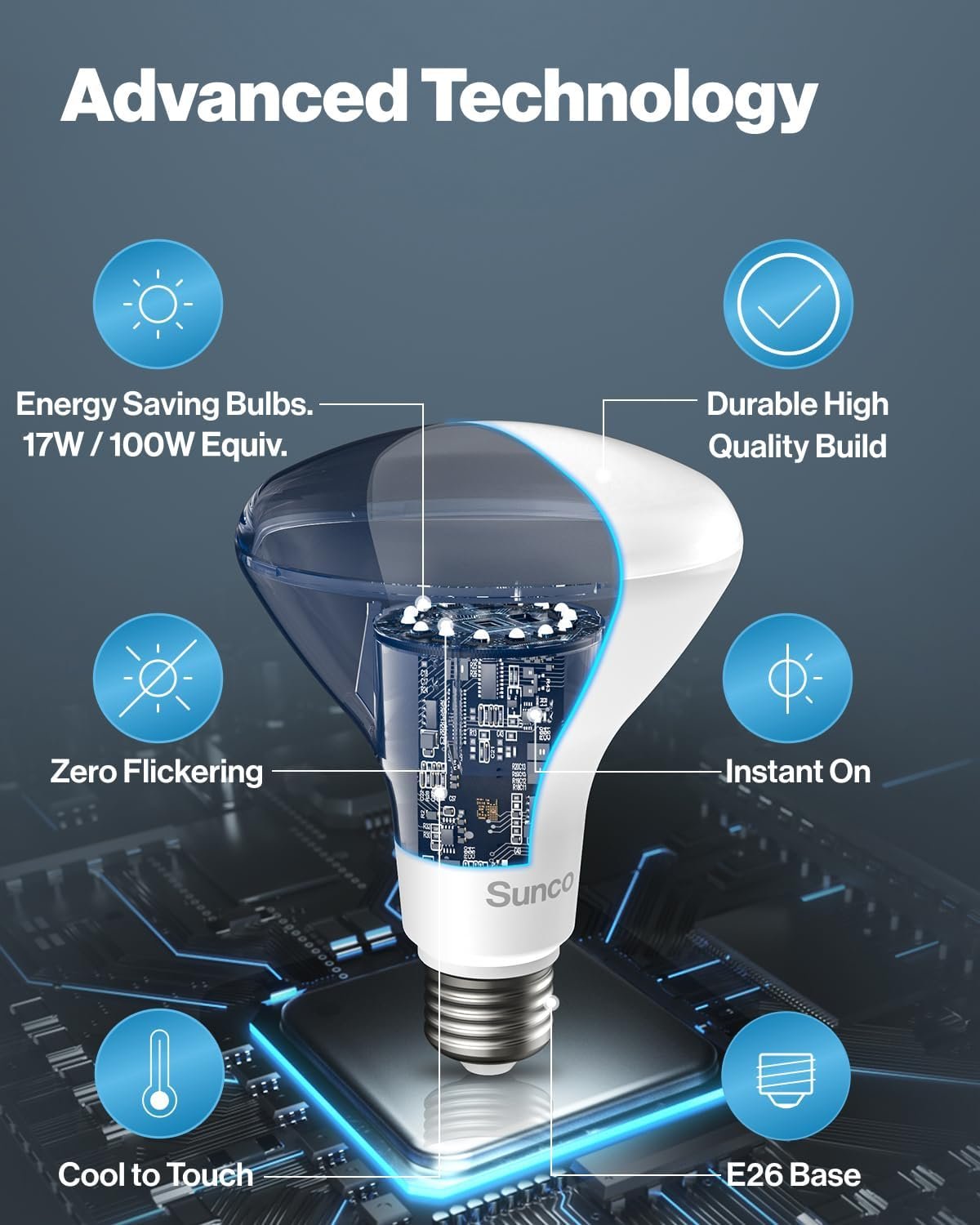 Sunco Lighting - 4 Pack BR40 Light Bulbs, LED Indoor Flood Light, Dimmable, CRI94 2700K Soft White, 100W Equivalent 17W, 1400 Lumens, E26 Base, Indoor Home Recessed Can Lights, High Lumens - UL - Image 7