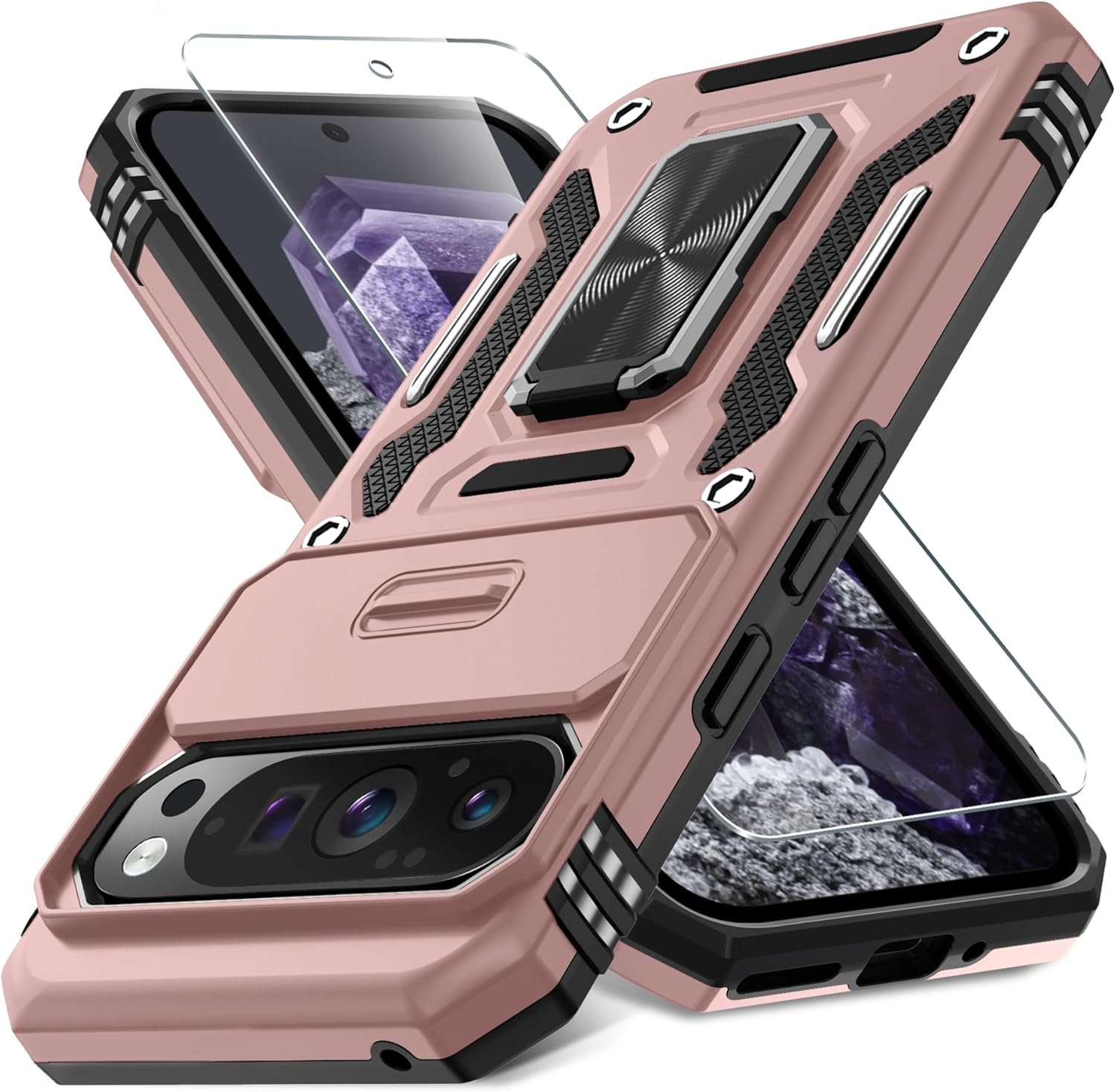 DEERLAMN Case for Google Pixel 9 Pro XL with Slide Camera Cover+Screen Protector(1 Pack), Rotated Ring Kickstand Military Grade Shockproof Protective Cover-Rose Gold - Image 2