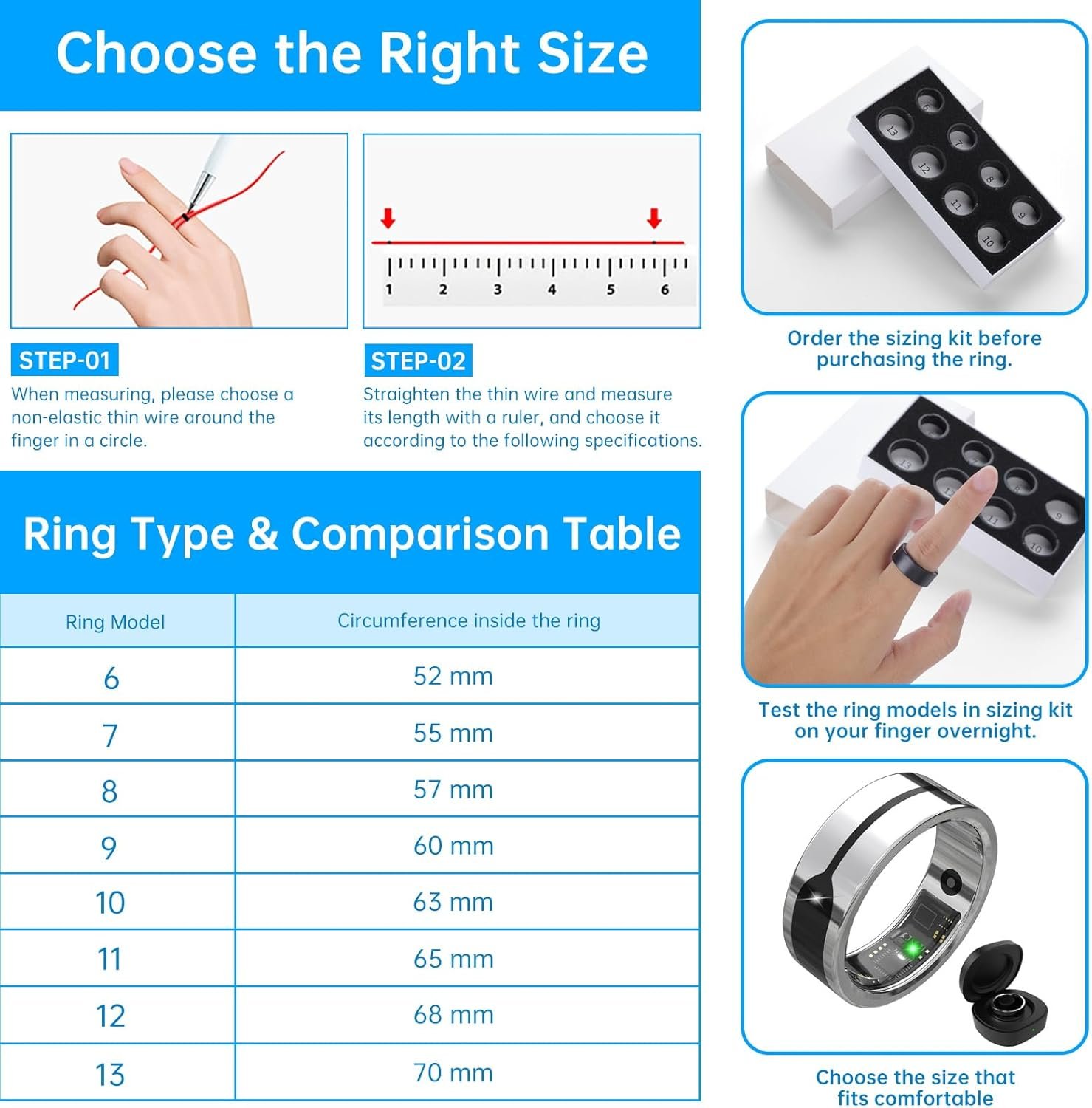 Smart Ring, Fitness Ring Tracker, Health Monitoring of Heart Rate, Blood Oxygen, Temp, Activity & Sleep Tracking with Smart Touch, LED Reminder, Smart Rings for Men Women with Battery Case - Image 8