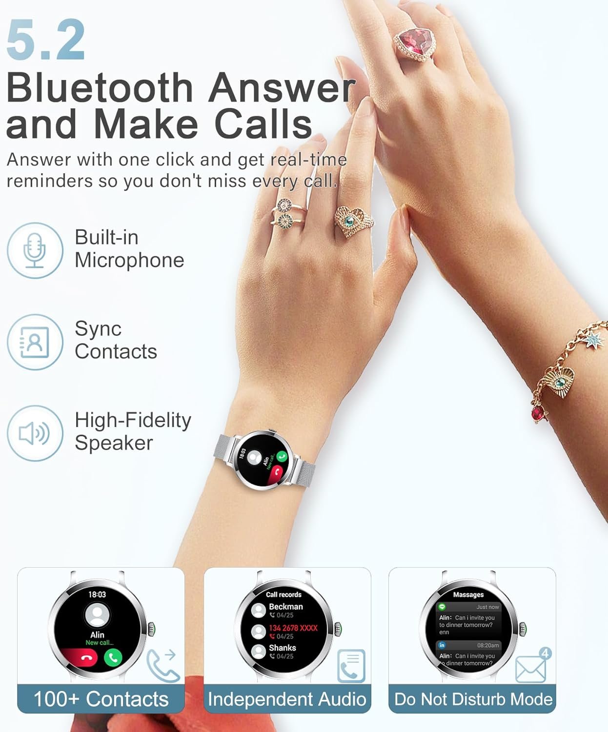 Smart Watches for Women, 1.106" AMOLED Small Screen Smartwatch Answer/Make Call for Android iOS Phones, IP68 Waterproof Fitness Activity Tracker with Heat Rate Sleep Monitor SpO2, Silver - Image 3