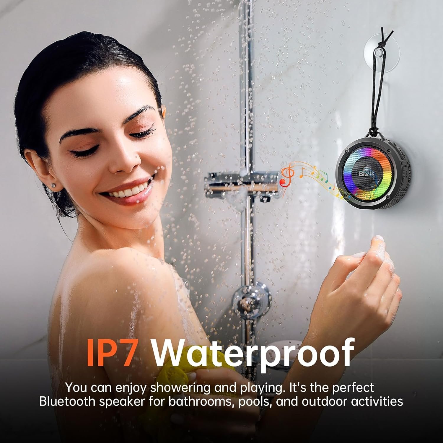 Bluetooth Shower Speaker, Upgraded Portable Shower Speakers Wireless Bluetooth 5.4, IP7 Waterproof Speakers with LED Lights, 12H Playtime, Suction Cup, Lanyard, Handsfree for Pool Bathroom Beach Party - Image 4