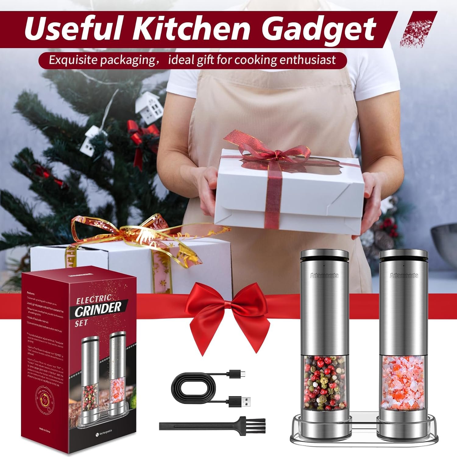 2 Packs Lighted Stainless Steel Rechargeable Electric Salt and Pepper Grinder Set with Adjustable Coarseness,One Hand Operation Automatic Salt and Pepper Mill Grinder Shakers - Image 7