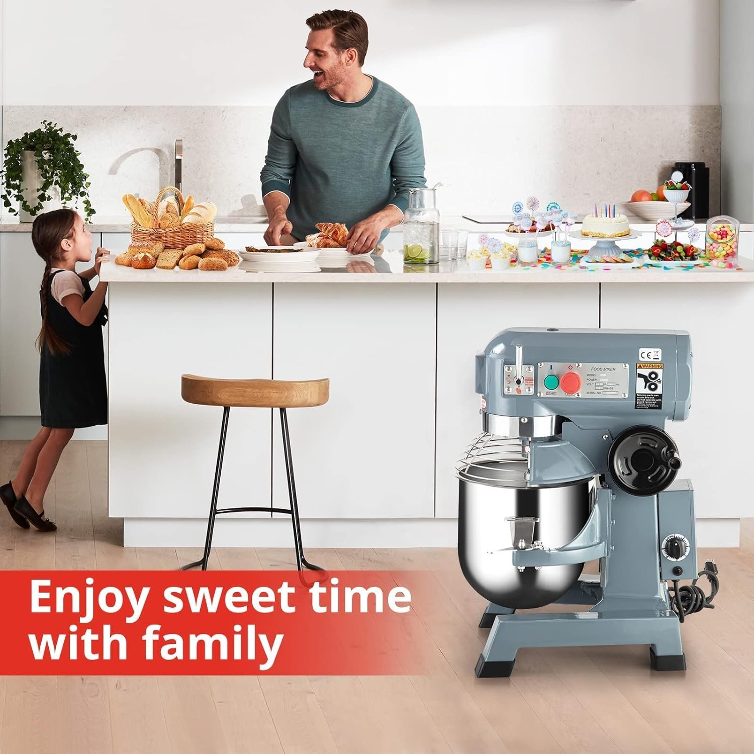 Commercial Food Mixer 15QT 600W 110V 3 Speeds Adjustable, Stand Mixer Dough Kneading Machine with Stainless Steel Bowl Dough Hooks Whisk Beater, With Safety Guard for Bakeries Restaurants Pizzerias - Image 7