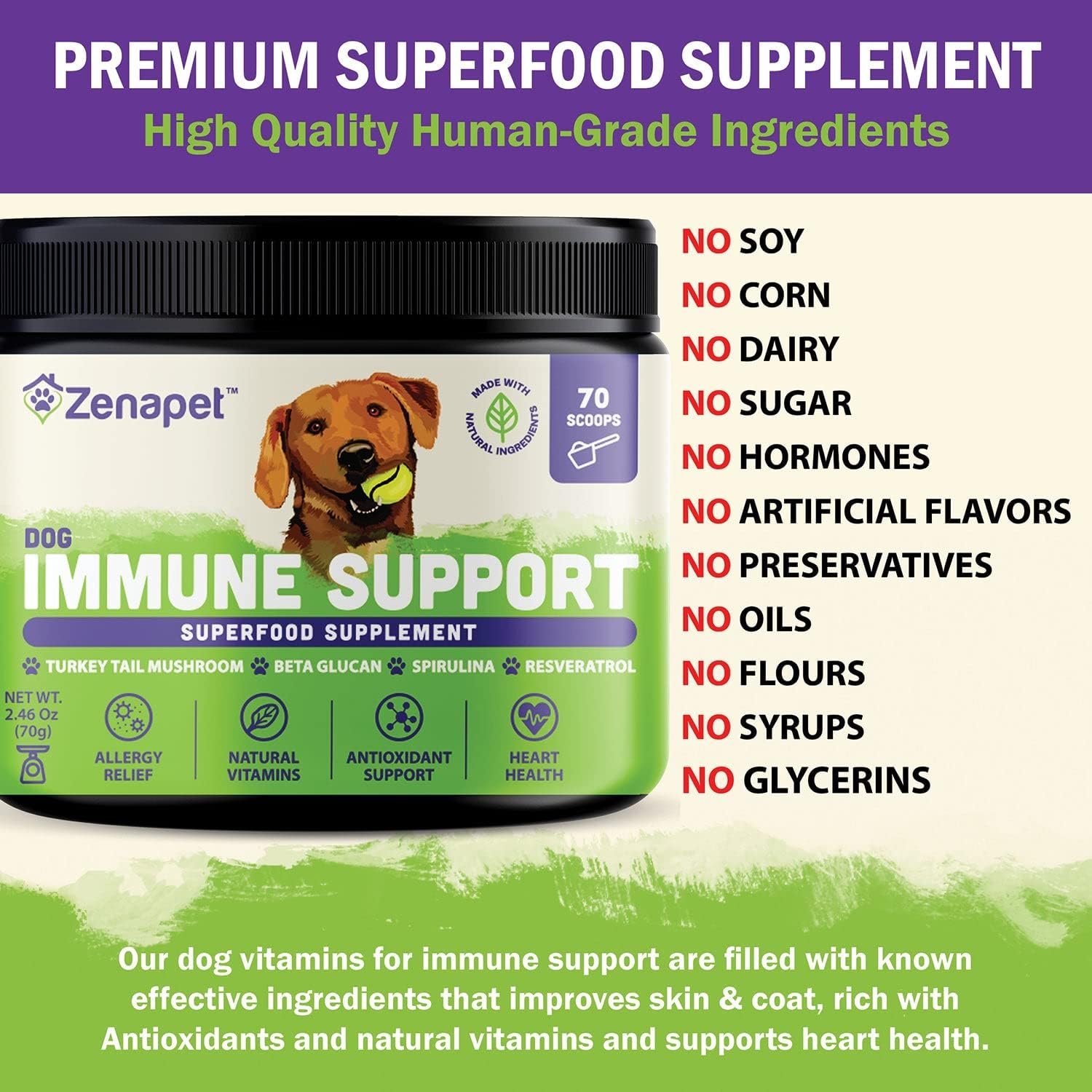 ZENAPET Allergy Immune Support Supplement for Dogs, Superfood 100% Human-Grade with Turkey Tail Mushroom, Prebiotics for Gut Health, Itchy Skin, Seasonal Allergies & Yeast - for Small to Large Breeds - Image 5