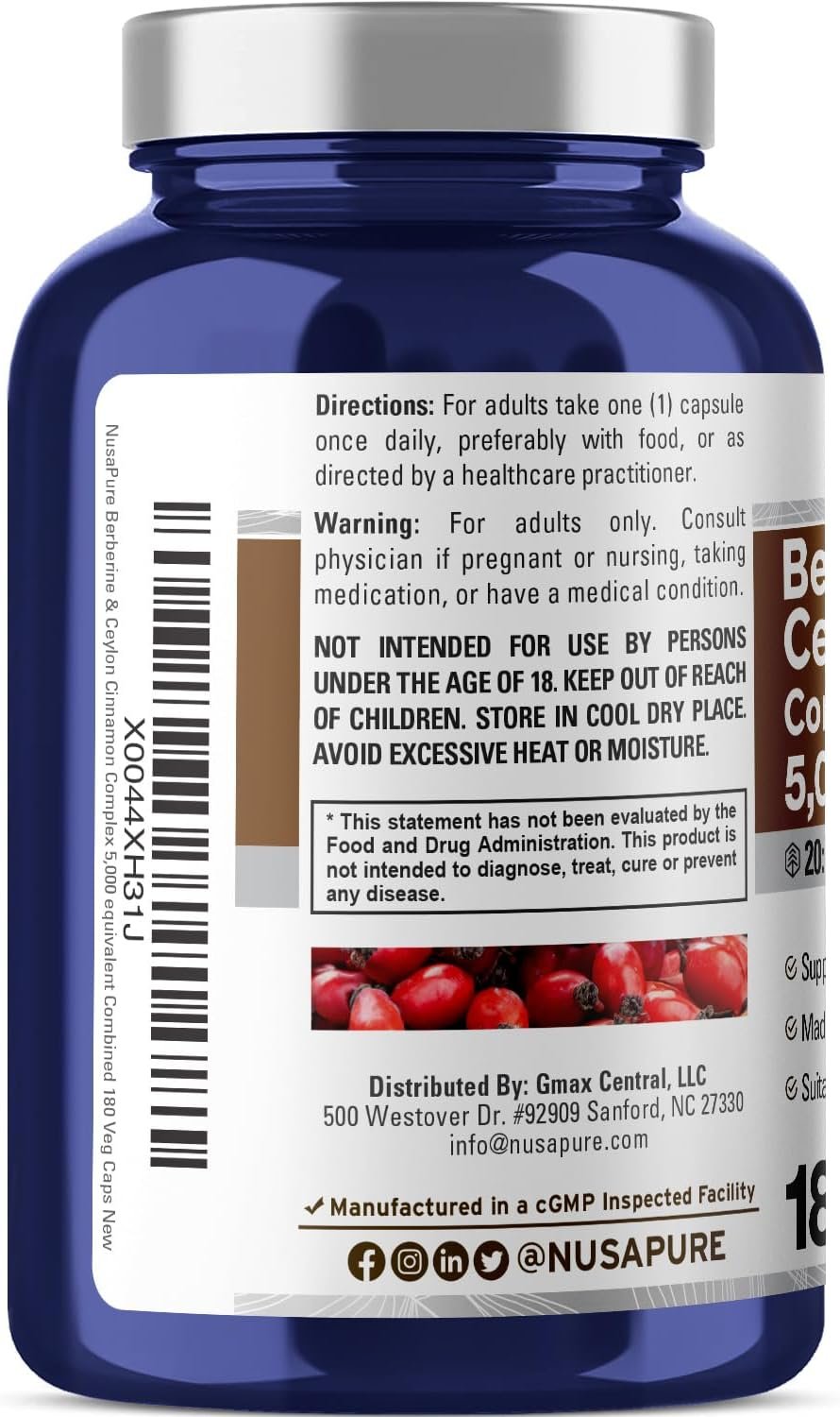 NusaPure Berberine with Ceylon Cinnamon 5000mg 180 Veggie Capsules, Vegetarian, Non-GMO Supplement, (Berberine Complex) - Image 3