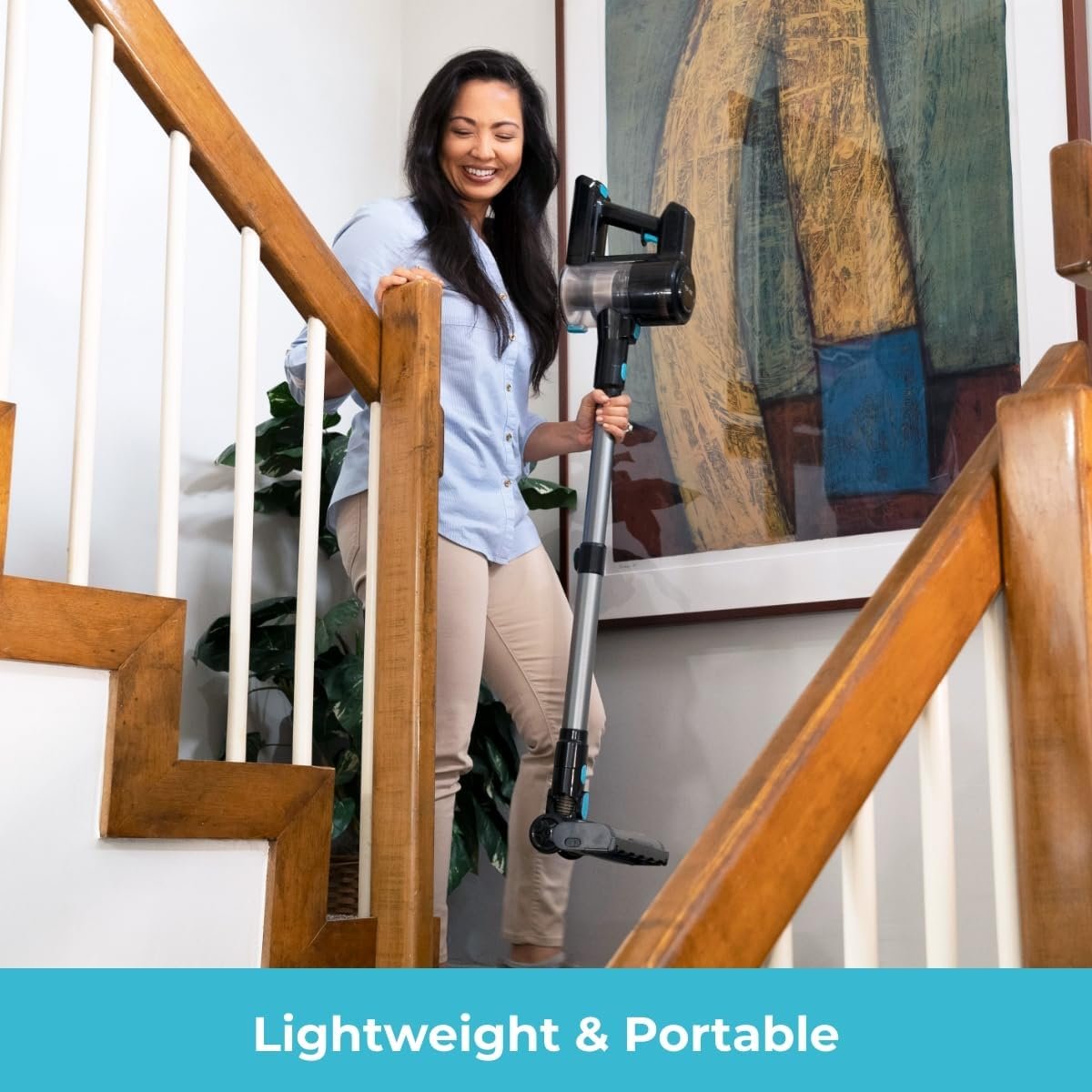 EyeVac Reach 6-in-1 Cordless Stick Vacuum | Lightweight Powerful Suction for Hard Floors & Rugs | 35 min Runtime, Rechargeable, LED Lights, Brushless Motor, Great for Pet Hair (Black w/Turquoise) - Image 6