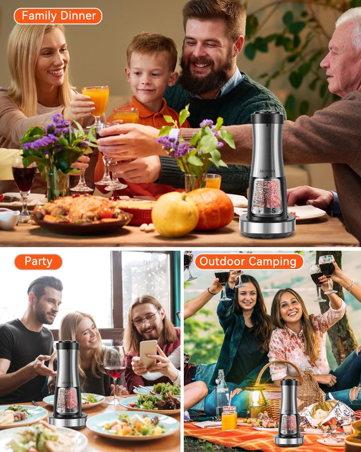 MOVNO 2 in 1 Rechargeable Electric Salt and Pepper Grinder Set with Charging Base, No Need Battery Automatic Salt and Pepper Grinder, One-Handed Operation, Adjustable Ceramic Grinder with LED Light - Image 8