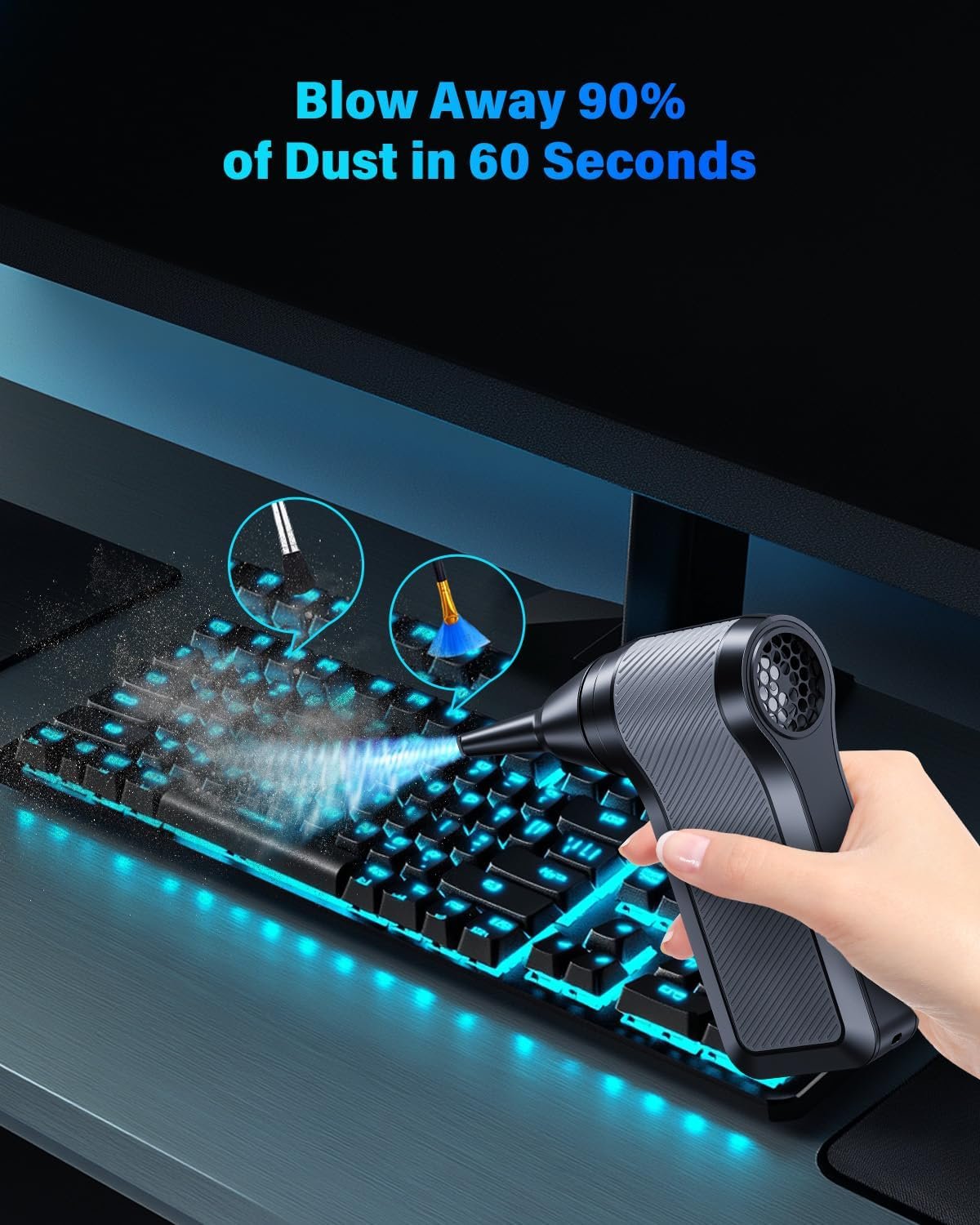 Solareye Compressed Air Duster-3-Gear Adjustable Electric Air Duster, Rechargeable Cordless Air Blower with Brushless Motor, Powerful Air Duster for Keyboard, PC, Air Bed and Home Cleaning - Image 4