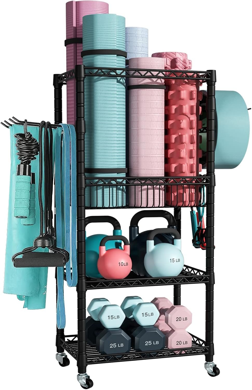 S1 Home Gym Storage, 3-Tier Workout Equipment Organizer with Wheels for Yoga Mats, Foam Roller, Dumbbells, Kettlebells, and Resistance Bands, 47.4" H x 27.5" L x 11.8" D, Black - Image 2