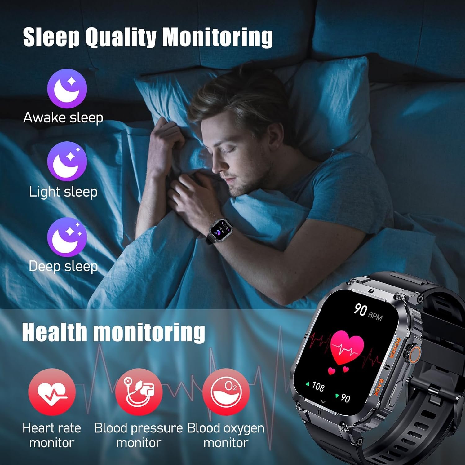 Smart Watch,2" Display(Call Receive/Dial),50M Waterproof Fitness Tracker,100+ Sports Modes Rugged Military Smartwatch for Android iPhone,70 Days Battery Life Sleep Monitor - Image 7