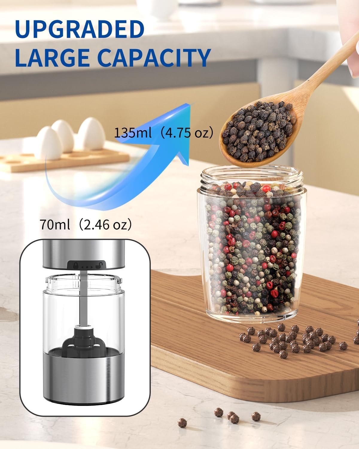 CIRCLE JOY Graviry Electric Salt and Pepper Grinder Set Automatic Salt and Pepper Grinder Set with LED Light, Battery Operated, Adjustable Coarseness, Large Capacity, for Home Kitchen BBQ - Image 7