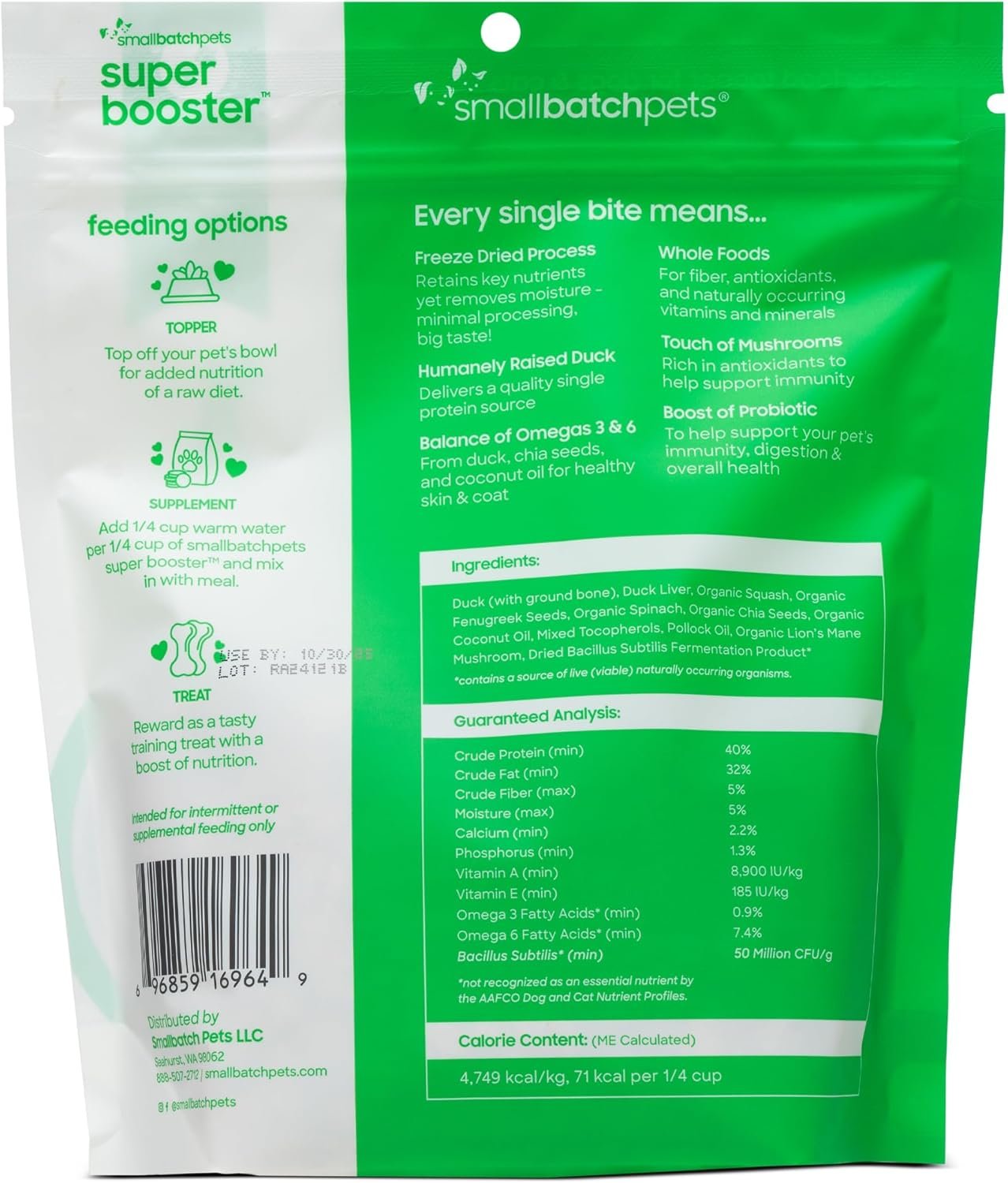 smallbatch Pets Freeze-Dried Super Booster Duck Bites for Dogs & Cats, 7 oz, Made in The USA, Organic Produce, Humanely Sourced Meat, Single Source Protein, Mixer & Topper, Mushrooms and Probiotics - Image 3