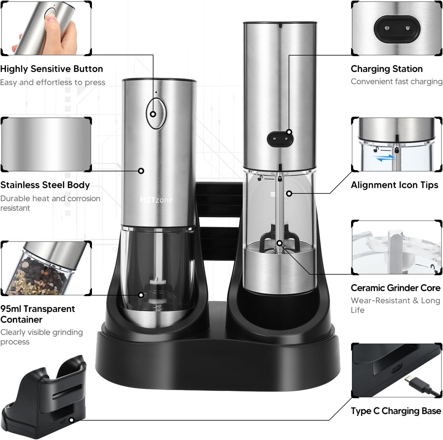 Electric Salt and Pepper Grinder Set with Charging Base, Stainless Steel Rechargeable Pepper Mills with 95ml Large Capacity, White LED Light and Adjustable Coarseness Grinder Ideal for Home, Kitchen - Image 7