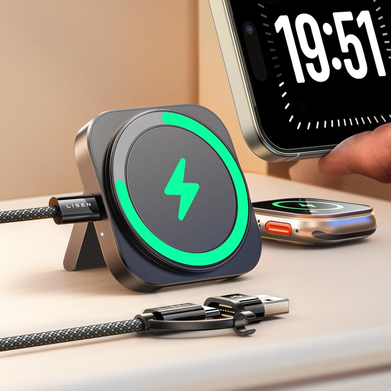 LISEN for Magsafe Charger Stand for Apple,Travel Charger for iPhone 16 Pro Charging Station Pad,Magnetic Wireless Charger for iPhone and Watch Airpods Travel Magsafe Accessories Fit Apple 16 15,Black - Image 2
