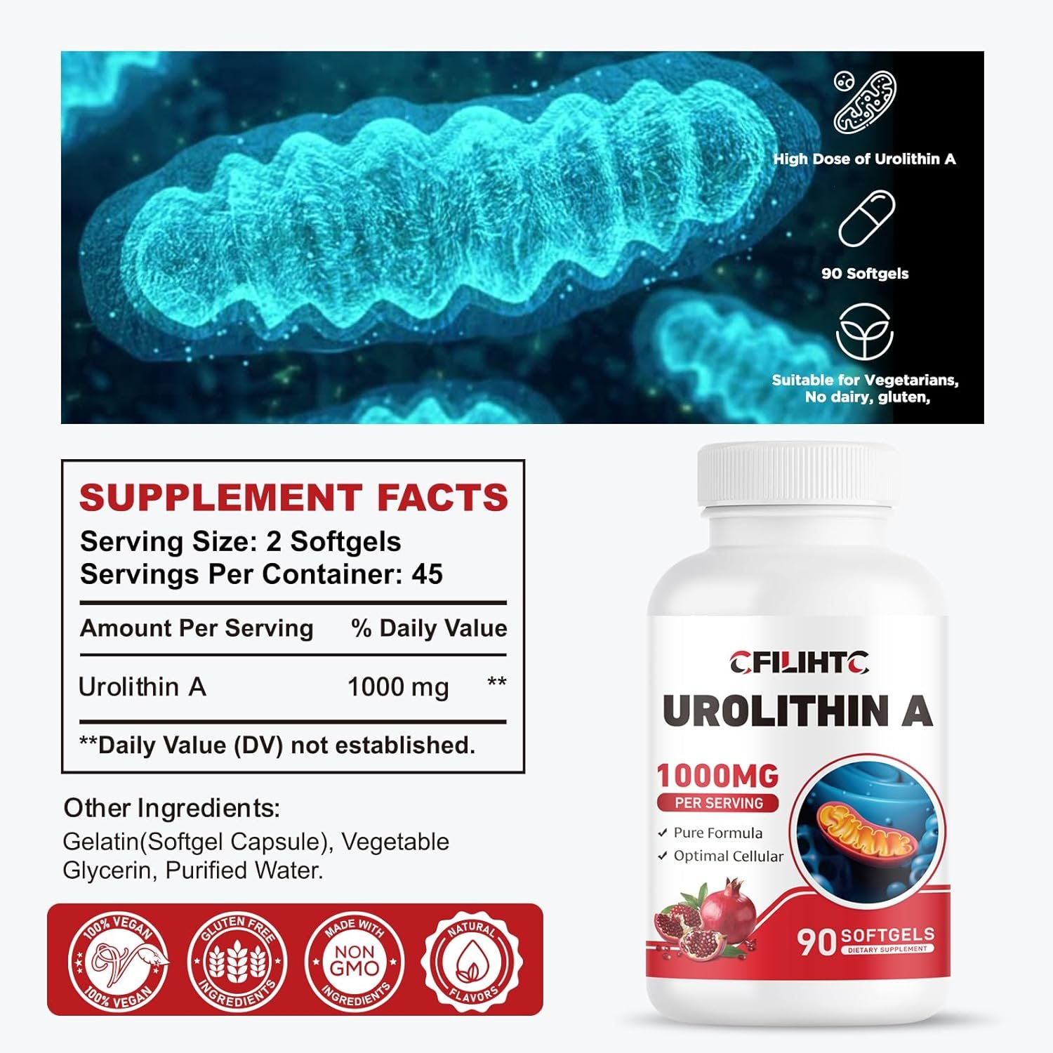 Urolithin A Supplement 1000mg, 90 Softgels for Healthy Aging, Energy, Mitochondria, Antioxidants Support - Image 3