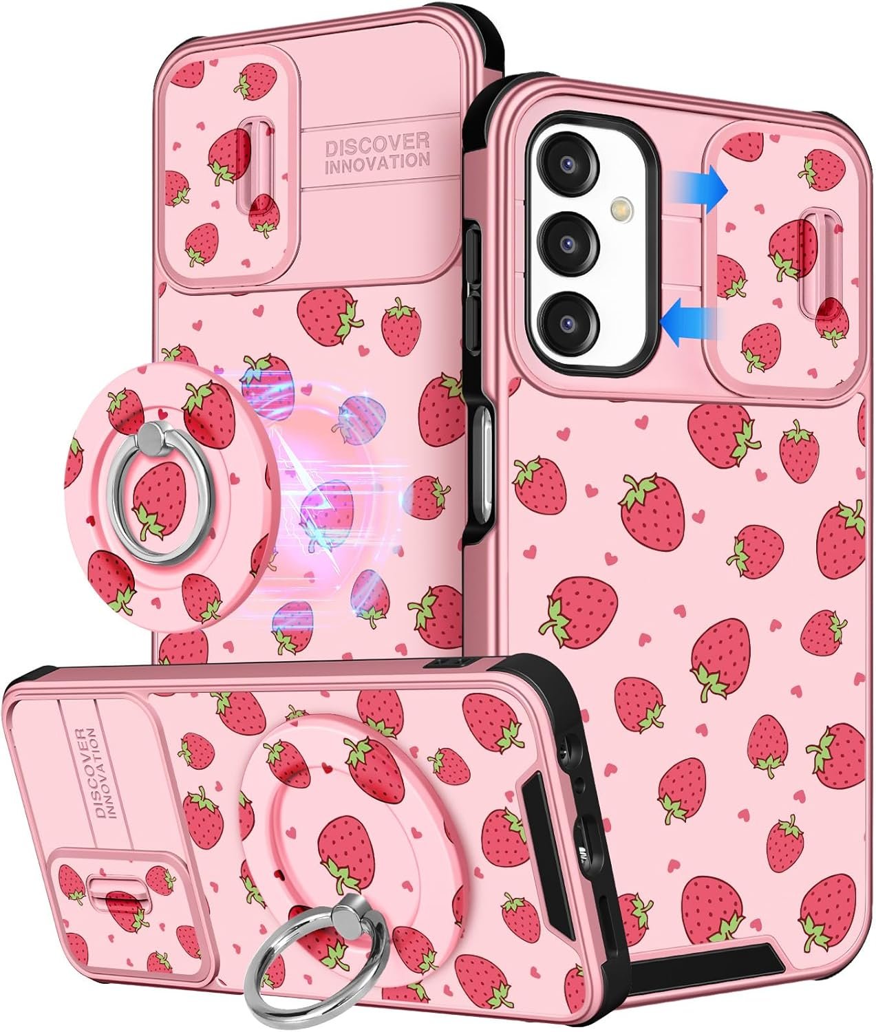 Buleens for Samsung Galaxy A14 5G Phone Case 6.6 Inch - with Ring Stand & Camera Cover Cute Designed for Women Girls Girly Pretty Strawberry for Samsung Galaxy A14 5G Case Compatible with Magsafe - Image 2