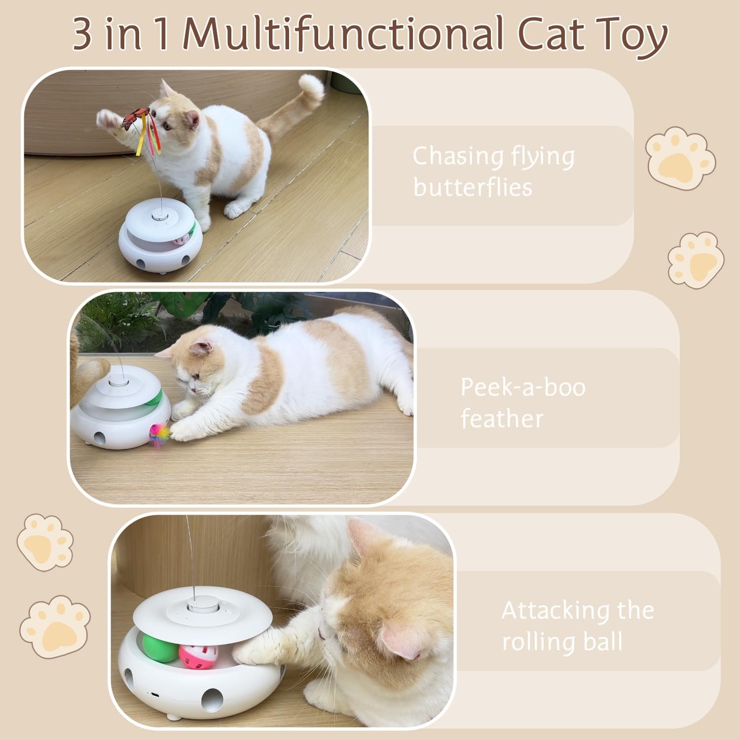 Cat Toys Interactive Cat Toy Automatic Cat Toys for Indoor Cats, 3-in-1 Electric Cat Toy USB Rechargeable, Ambush Feather, Fluttering Butterfly, Track Balls Kitten Toy Cat Exercise Toys - Image 3