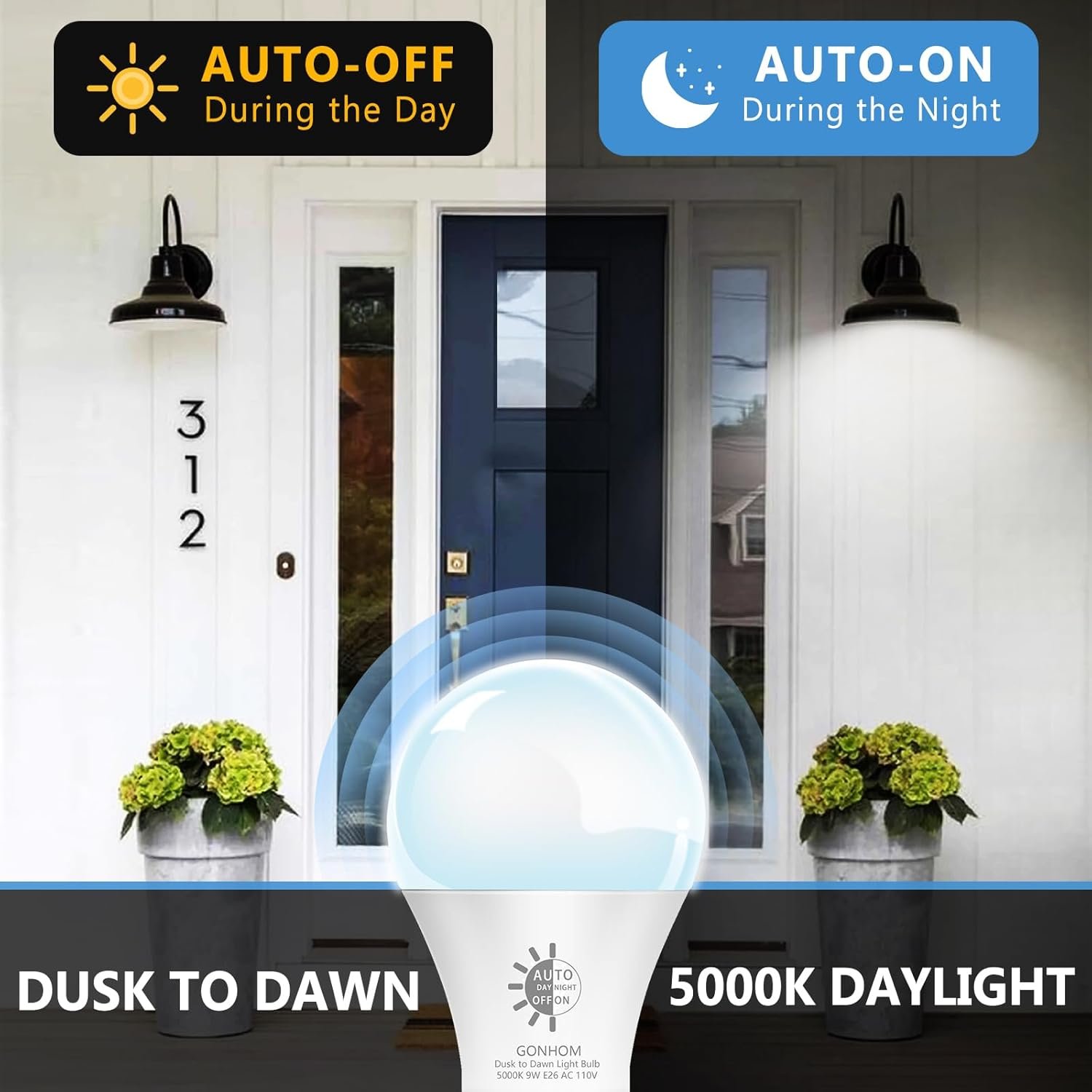 2 Pack Dusk to Dawn Light Bulbs Outdoor, 5000K-Daylight, 720LM, 9W(60W Equivalent) A19 E26 Automatic On/Off LED Light Bulbs, Dusk to Dawn LED Outdoor Lighting for Porch Garage Patio - Image 3