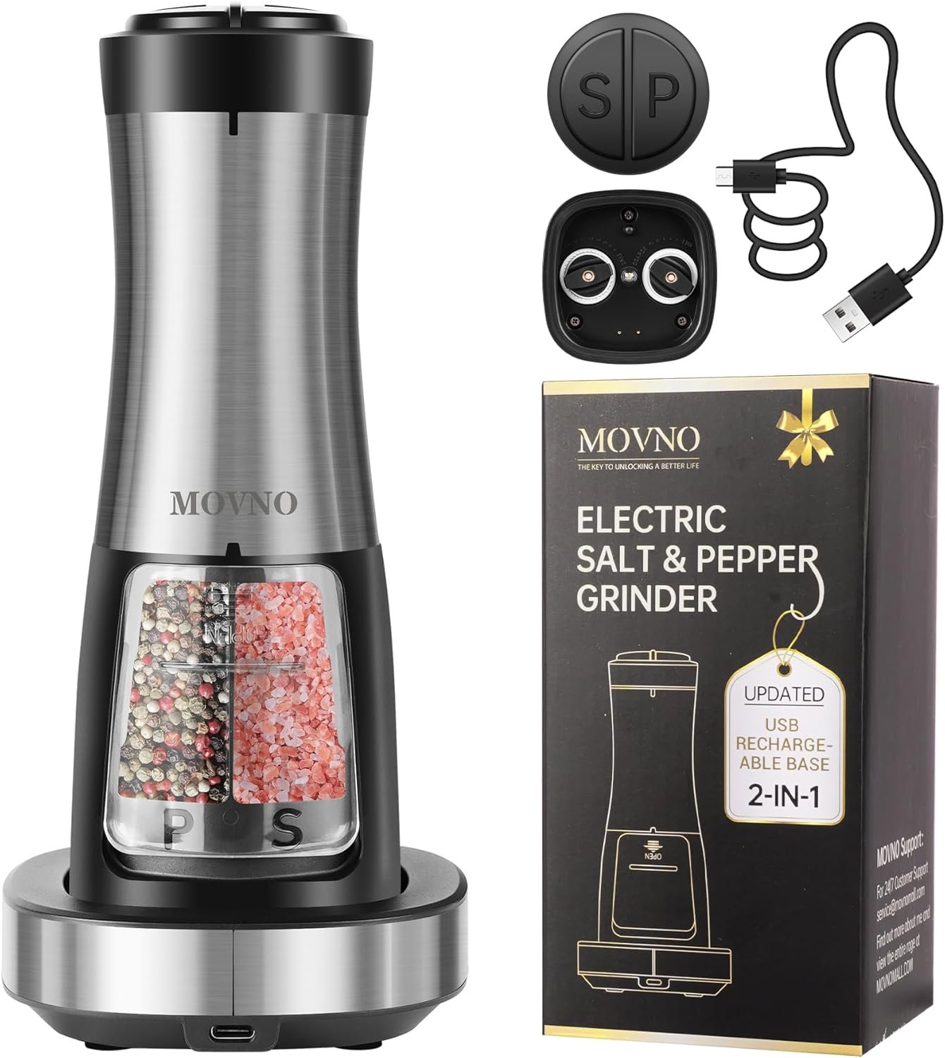 MOVNO 2 in 1 Rechargeable Electric Salt and Pepper Grinder Set with Charging Base, No Need Battery Automatic Salt and Pepper Grinder, One-Handed Operation, Adjustable Ceramic Grinder with LED Light - Image 2