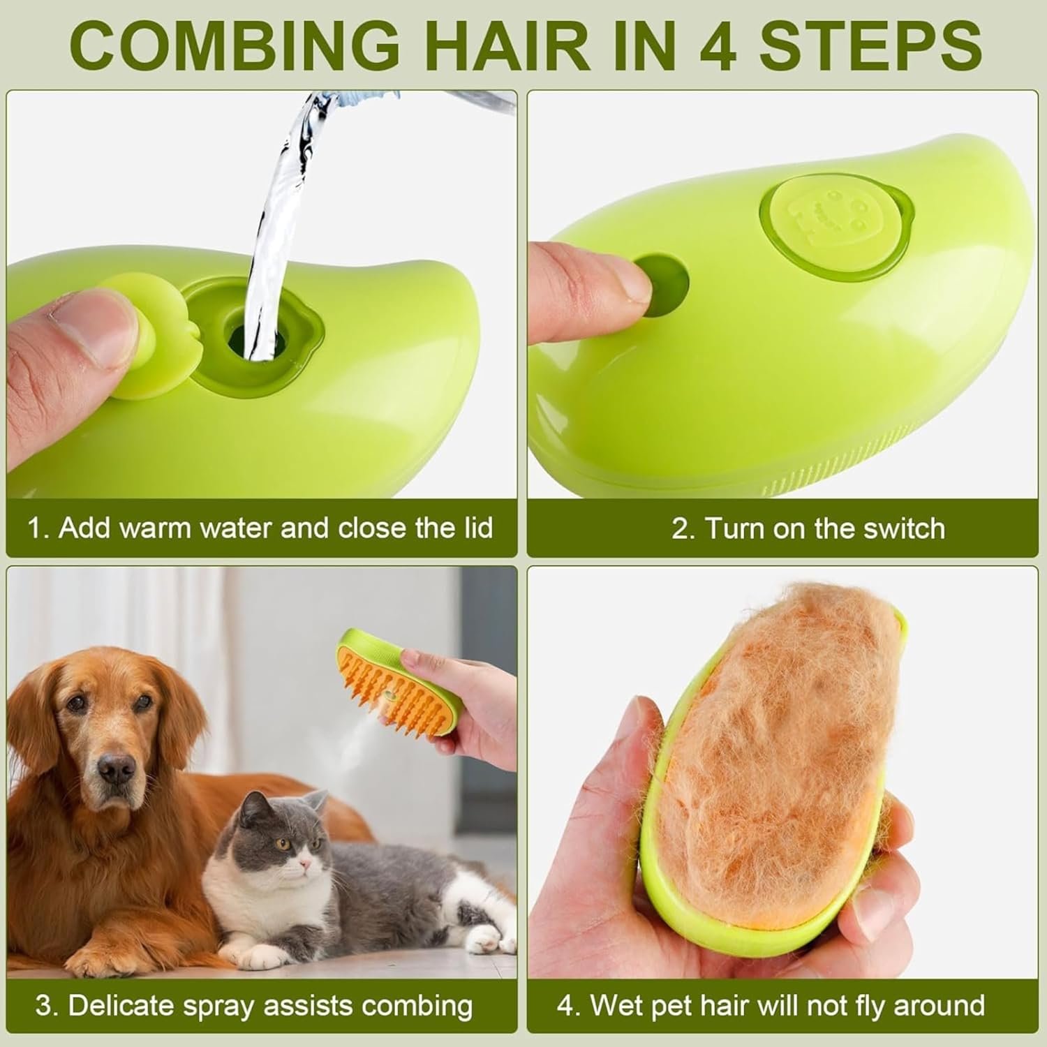 Cat Steam Brush 3 in 1, Silicone Massage Grooming & Pet Hair Remover, Spritz Defur Comb for Cats Dogs, Steamy Brush, Misting Pets Grooming Comb, Pet Hair Brushes Indoor Steamer by ALQMIA (Green) - Image 5