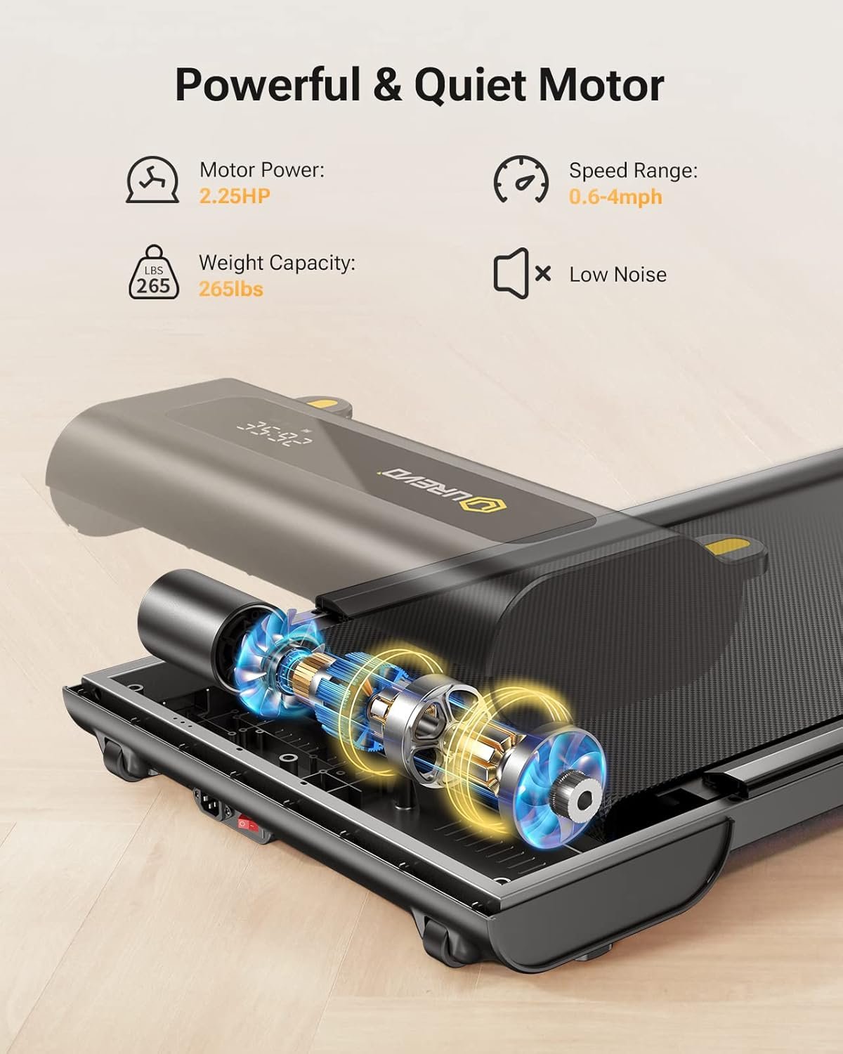 UREVO Under Desk Treadmill, Walking Pad Treadmills for Home, Portable Walking Treadmill 2.25HP, Walking Jogging Machine with 265 lbs Weight Capacity Remote Control LED Display - Image 6