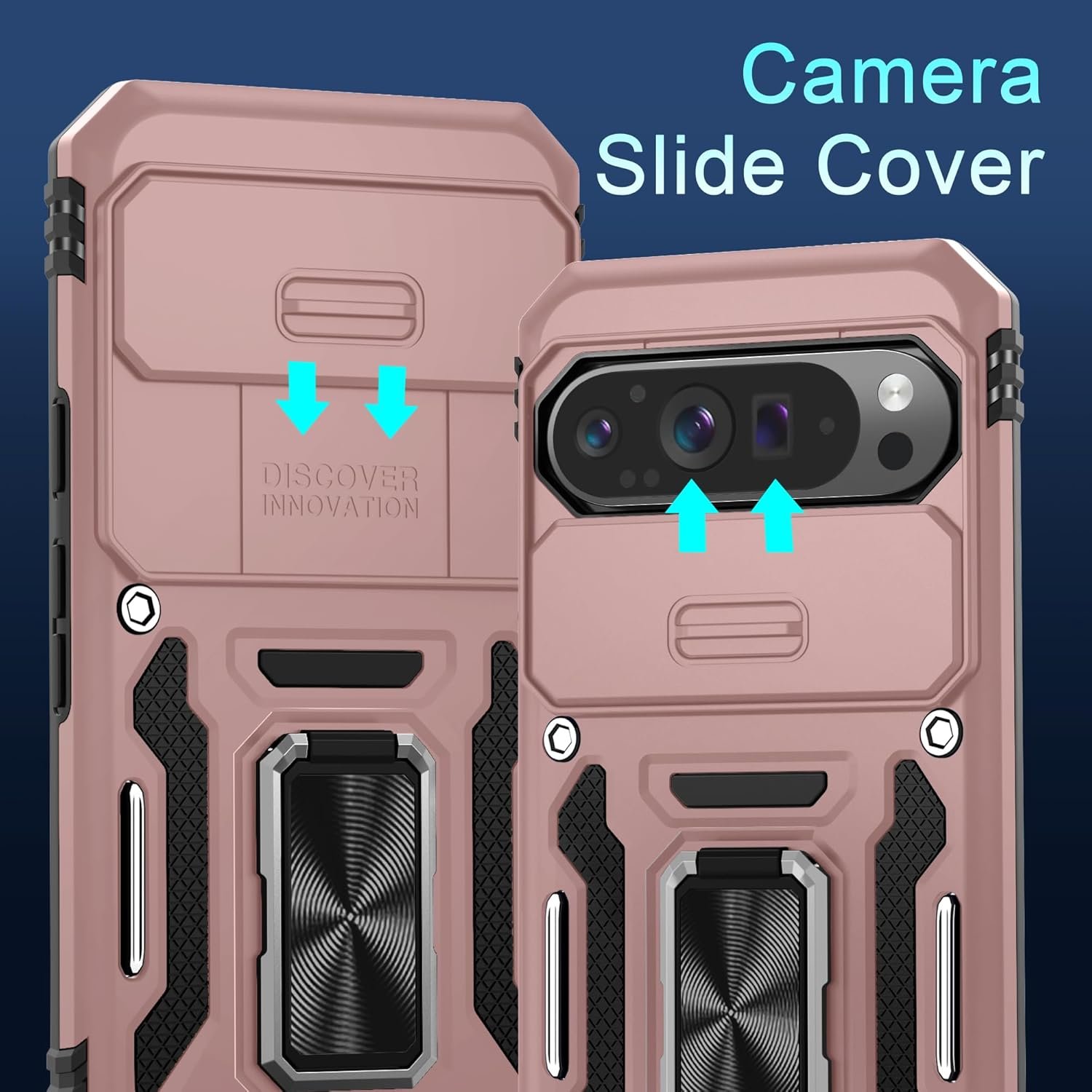 DEERLAMN Case for Google Pixel 9 Pro XL with Slide Camera Cover+Screen Protector(1 Pack), Rotated Ring Kickstand Military Grade Shockproof Protective Cover-Rose Gold - Image 3