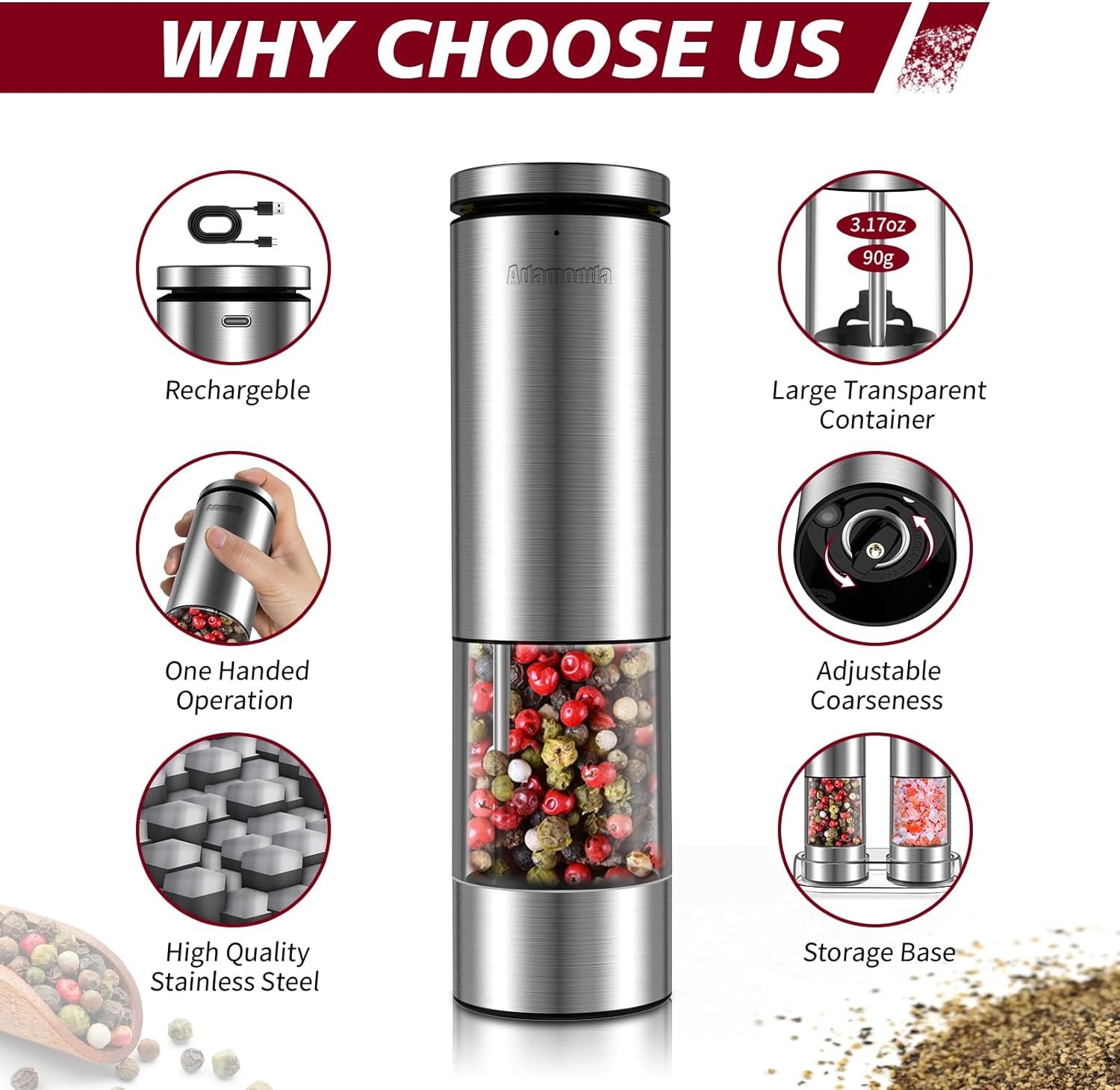 2 Packs Lighted Stainless Steel Rechargeable Electric Salt and Pepper Grinder Set with Adjustable Coarseness,One Hand Operation Automatic Salt and Pepper Mill Grinder Shakers - Image 3