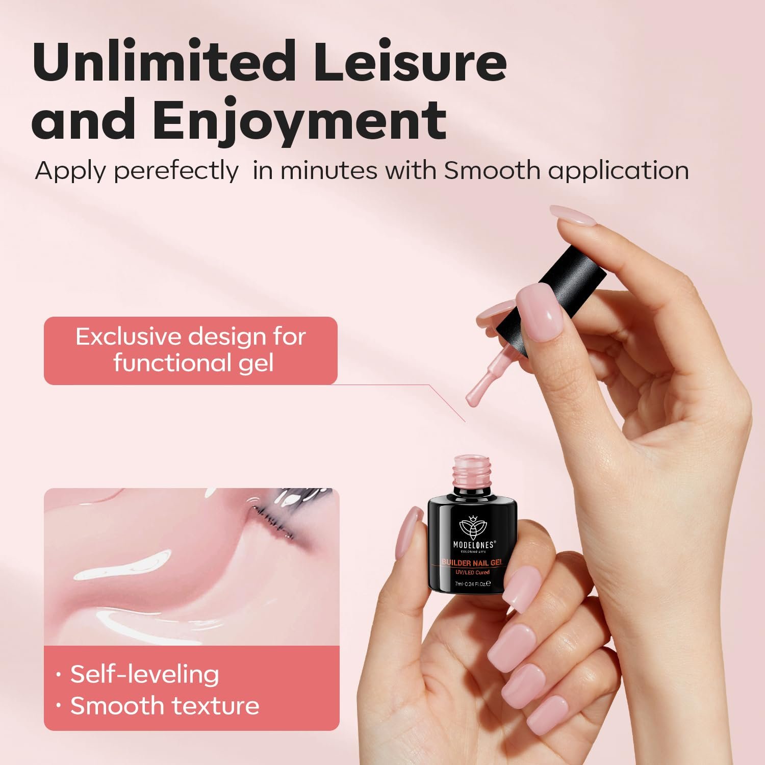 modelones Builder Nail Gel, 8-in-One Neutral Nude Pink Gel Builder for Nail Thickening Apex Building, Rose Blush Pink Rubber Base Gel Polish LED Nail Lamp Cured Hard Gel Nail Strengthener Extend Gel - Image 9