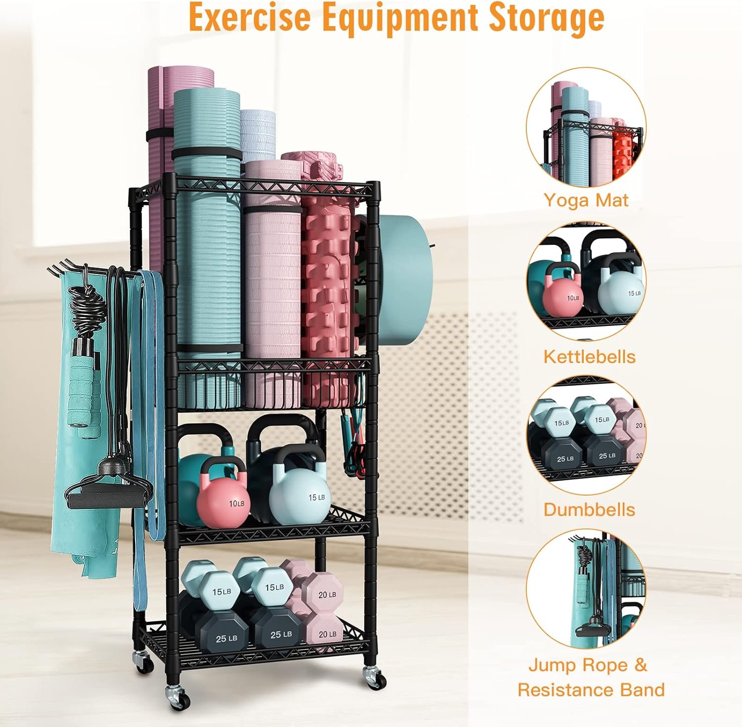 S1 Home Gym Storage, 3-Tier Workout Equipment Organizer with Wheels for Yoga Mats, Foam Roller, Dumbbells, Kettlebells, and Resistance Bands, 47.4" H x 27.5" L x 11.8" D, Black - Image 4