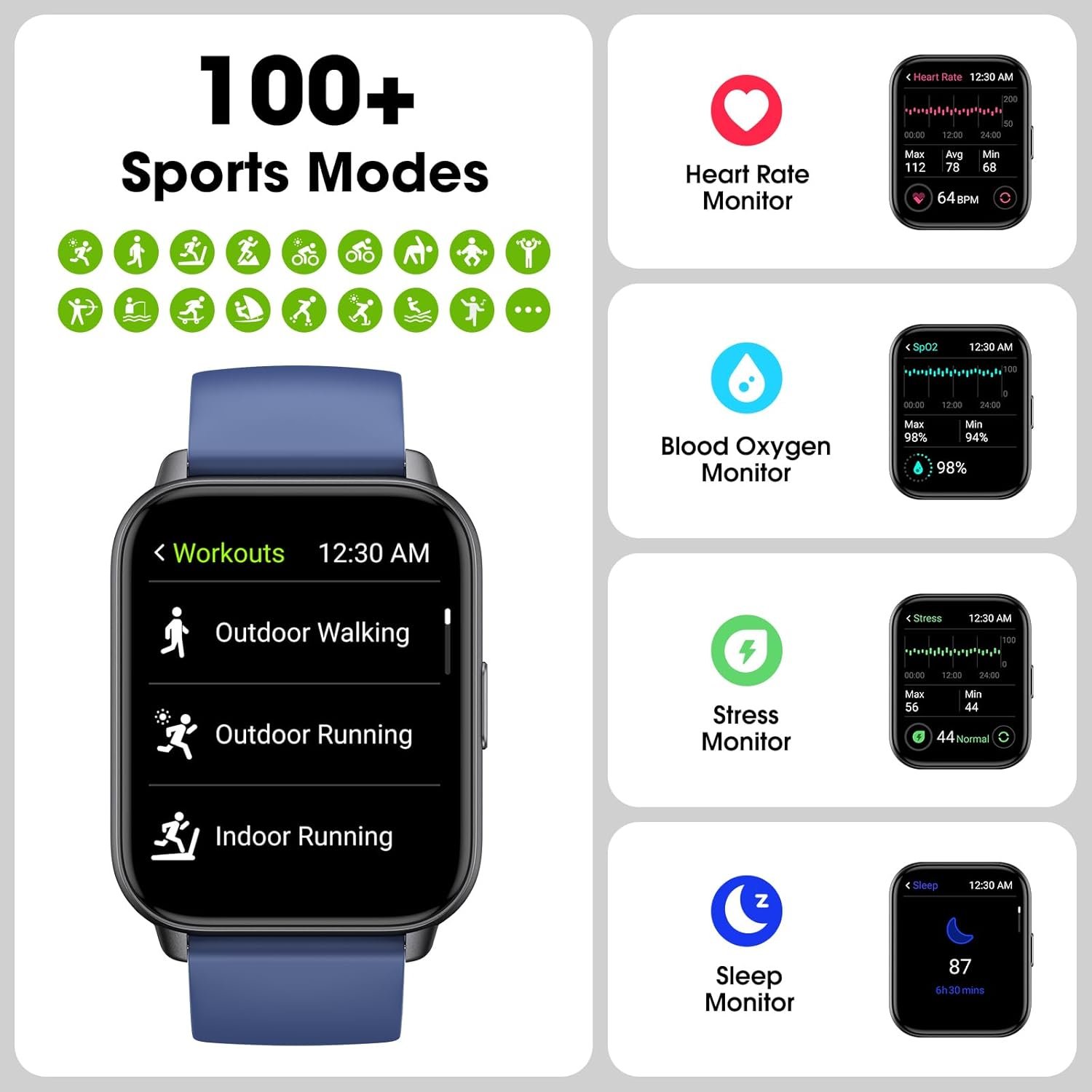 Smart Watch for Men Women, 1.91'' Big Font No App/Phone Required, Fitness Tracker with Pedometer, Bluetooth Call (Answer/Make Call), Heart Rate Blood Oxygen Monitor Step Counter, 100+ Sports Modes - Image 7