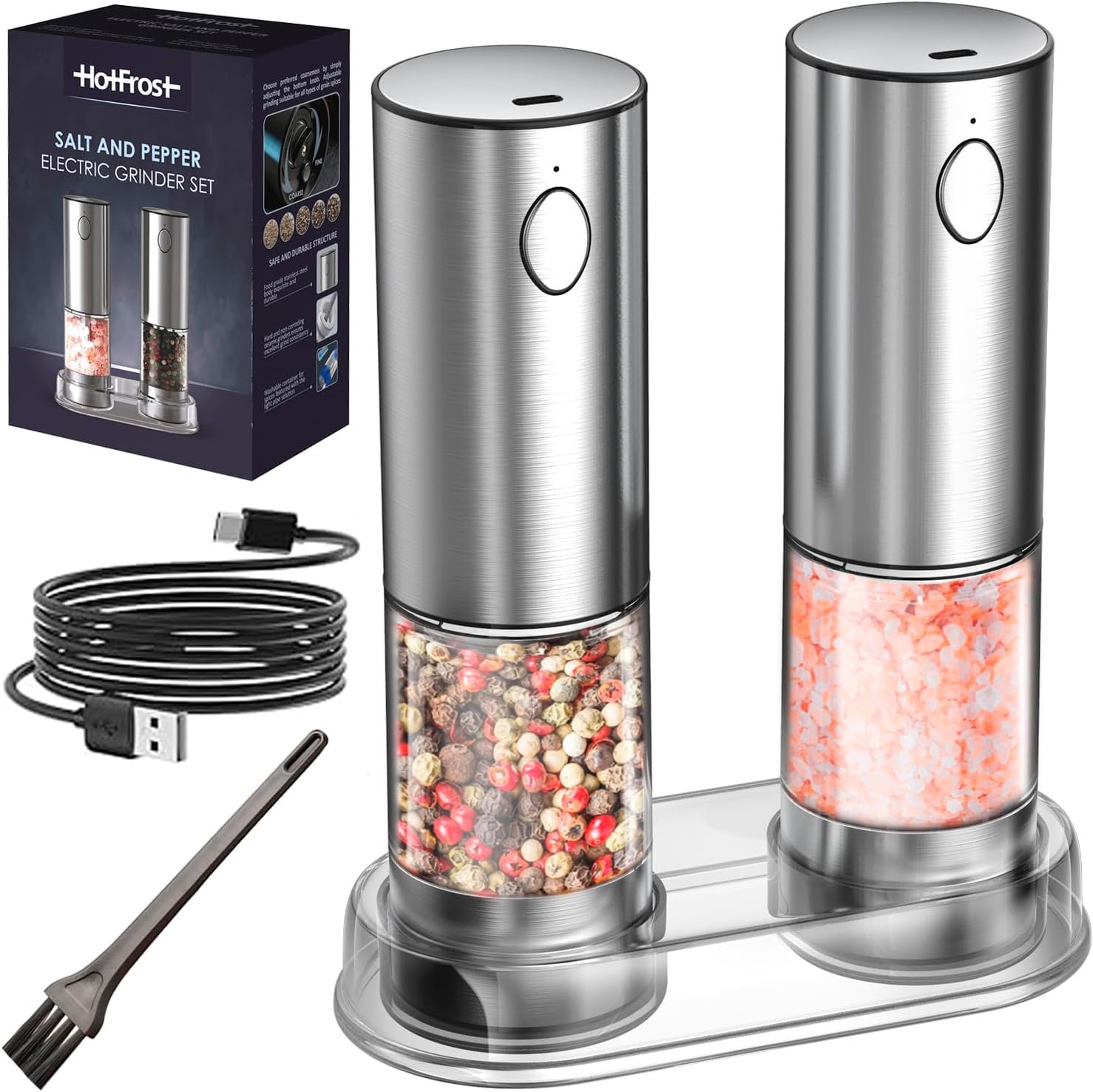 Electric Salt and Pepper Grinder Set – Automatic Salt and Pepper Grinder Set with LED Light – Stainless Steel Electric Salt and Pepper Shakers – Rechargeable Spice Grinder for Kitchen - Image 2