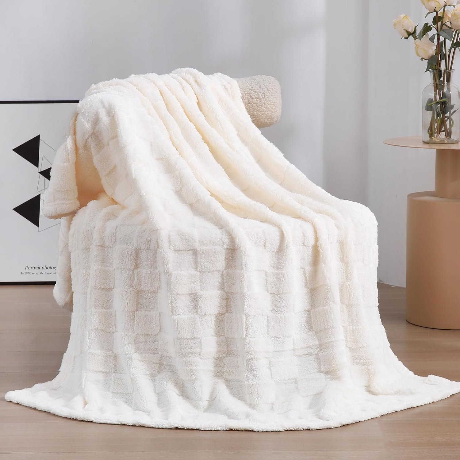 Cream White Fleece Throw Blanket 50”×60” for Couch Sofa Bed,Super Soft Cozy Plush Microfiber Flannel Blanket with 3D Checkered Design Lightweight for Adults,Woman,Girls - Image 2