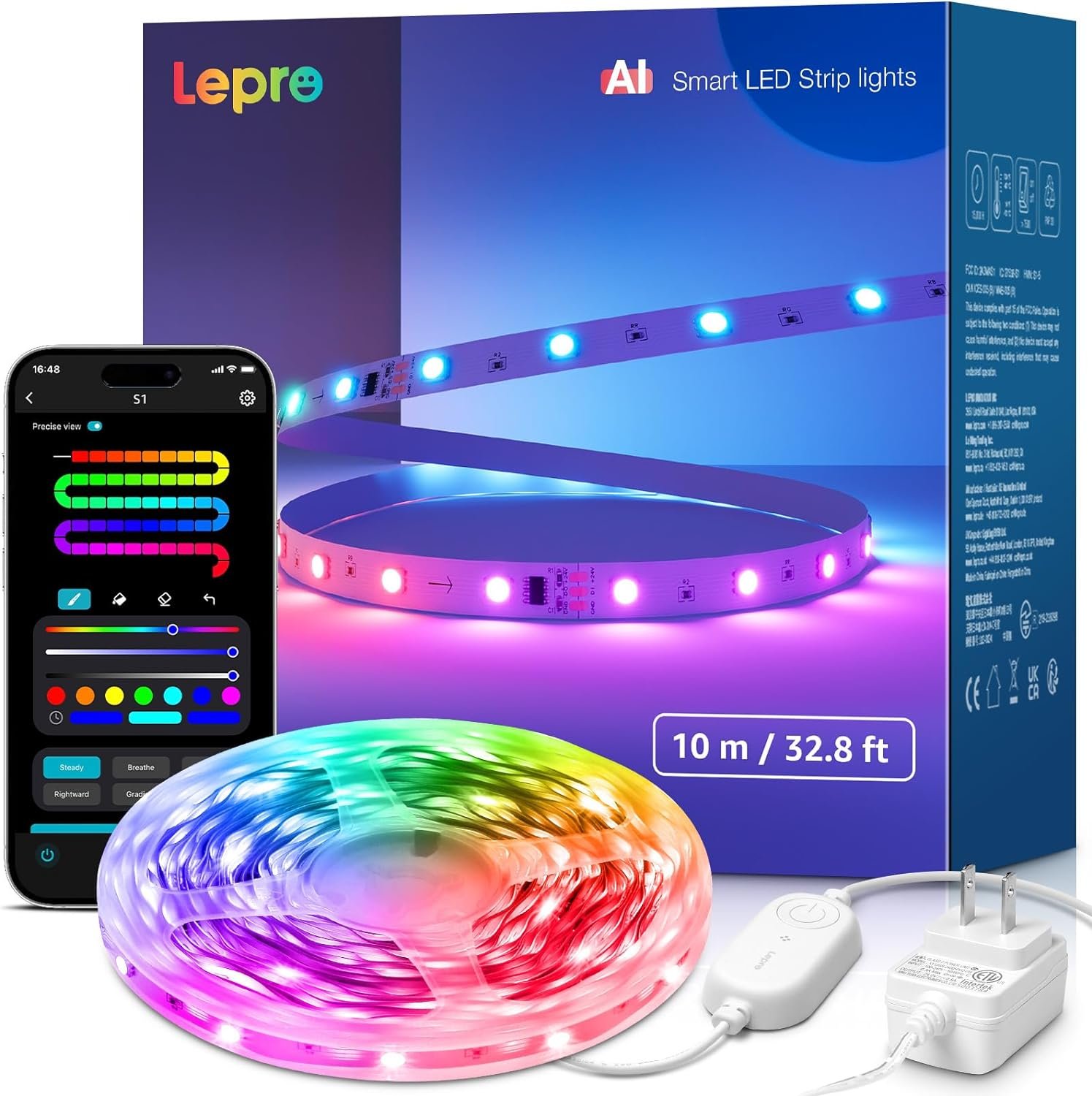 Lepro S1 AI LED Strip Lights for Christmas Decorations, 32.8ft Smart RGB Light Strips with IC and Rainbow Chasing Effects, Color Segment DIY, AI Generated Lighting, No Remote, 2.4G Wi-Fi & Bluetooth - Image 2