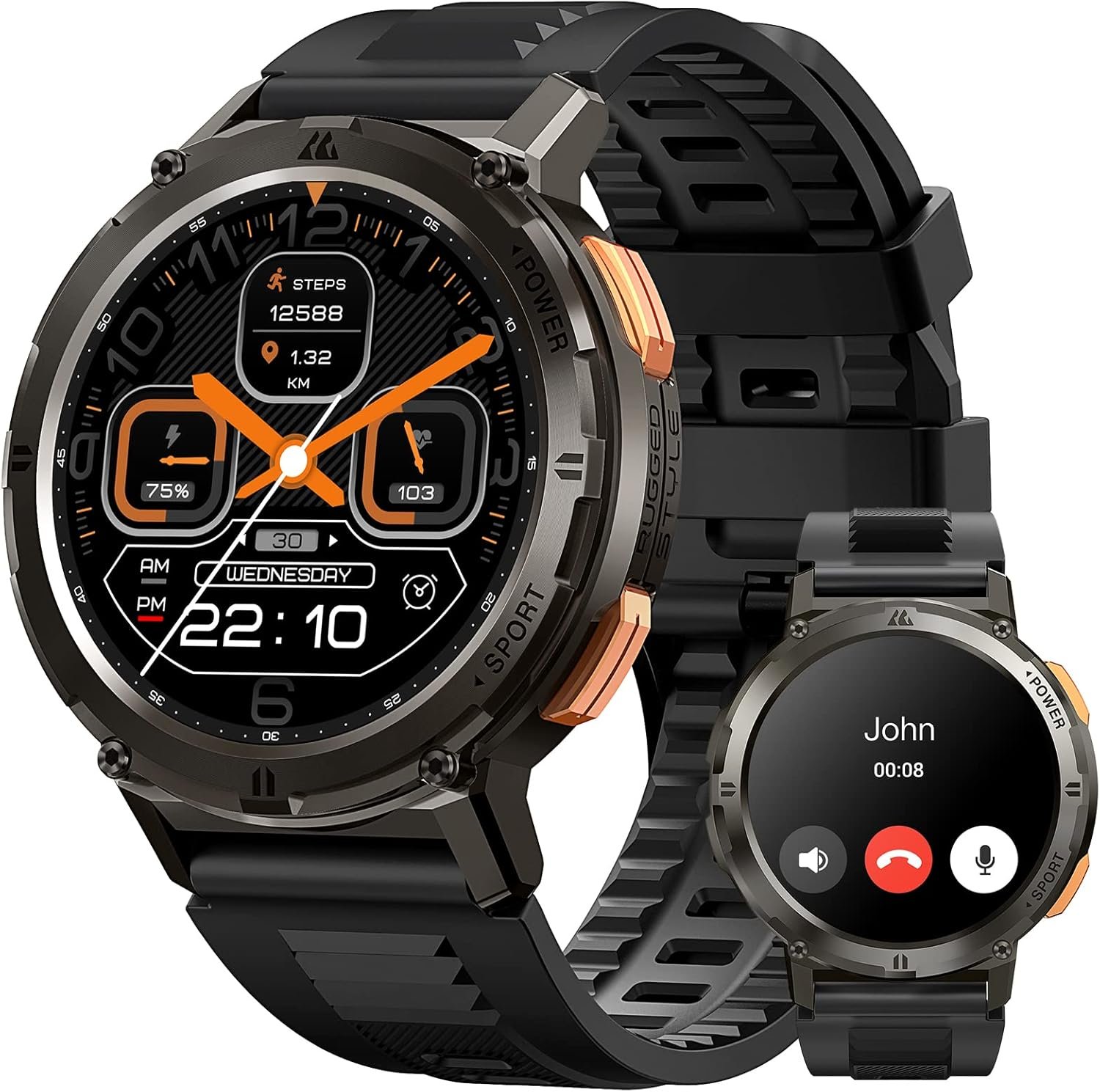 AMAZTIM Smart Watches for Men, 60 Days Extra-Long Battery, 50M Waterproof, Military Bluetooth Call(Answer/Dial Calls) Fitness Health Watch Compatible iPhone & Android, 1.43" HD AMOLED (Black) - Image 2