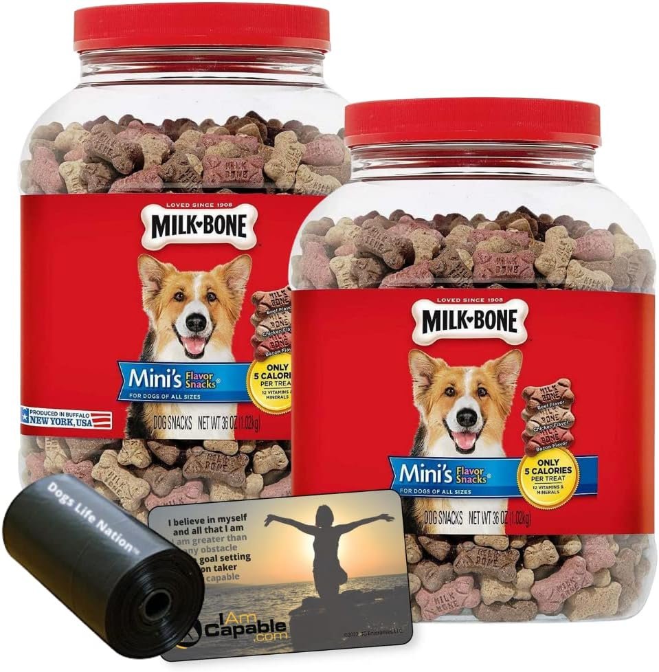 Two 36 oz. Canisters Milk-Bone Mini's Flavor Snacks, I AM Capable Magnet and Dogs Life Nation Branded Waste Bag Bundle - Image 2