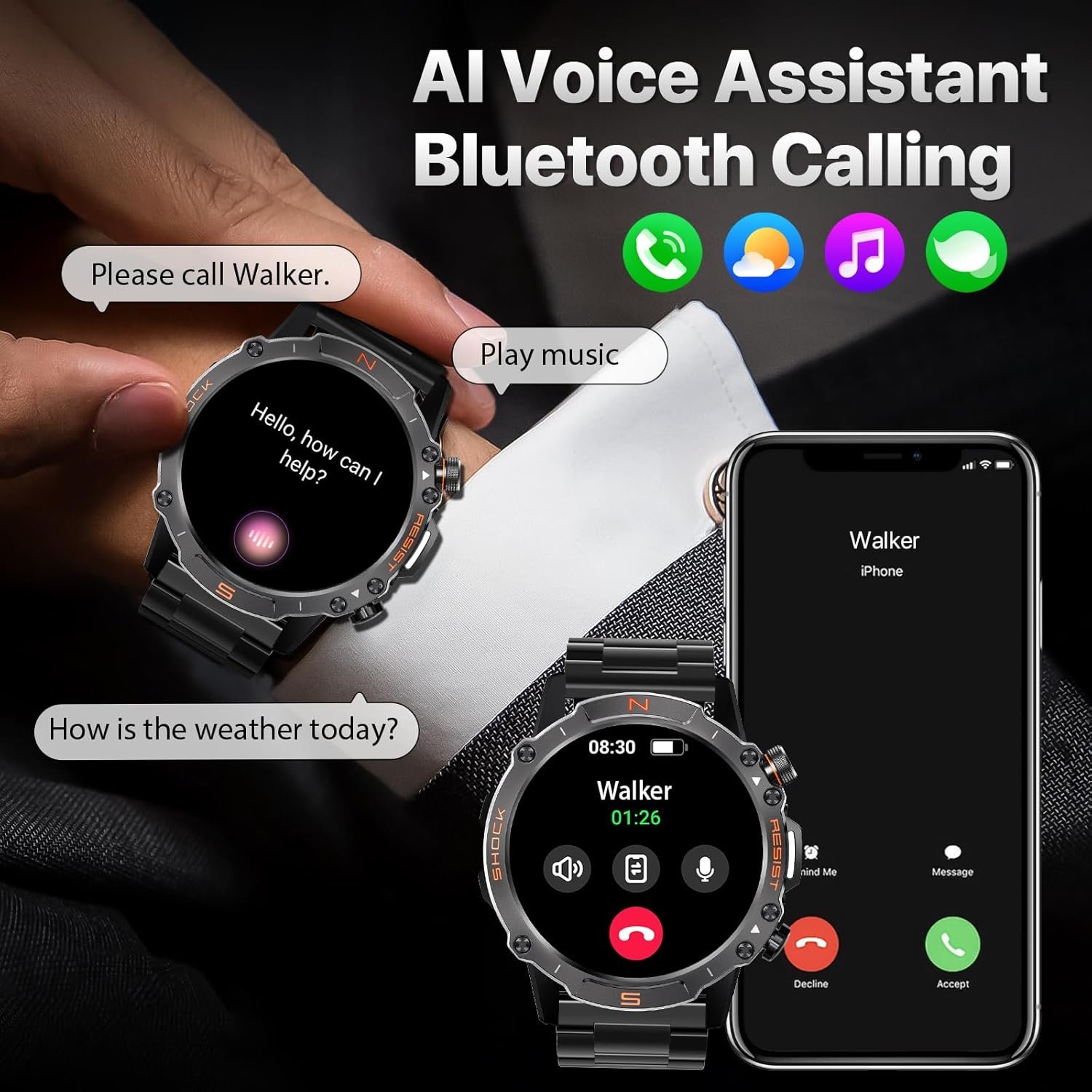 WalkerFit Smart Watch for Men- Answer/Dial Calls with 110 Sport Models,IP68 Waterproof Fitness Watch with Heart Rate Monitor,Android Smart Watch for iPhone Compatible, 1.43" AMOLED Display,Steel Black - Image 8