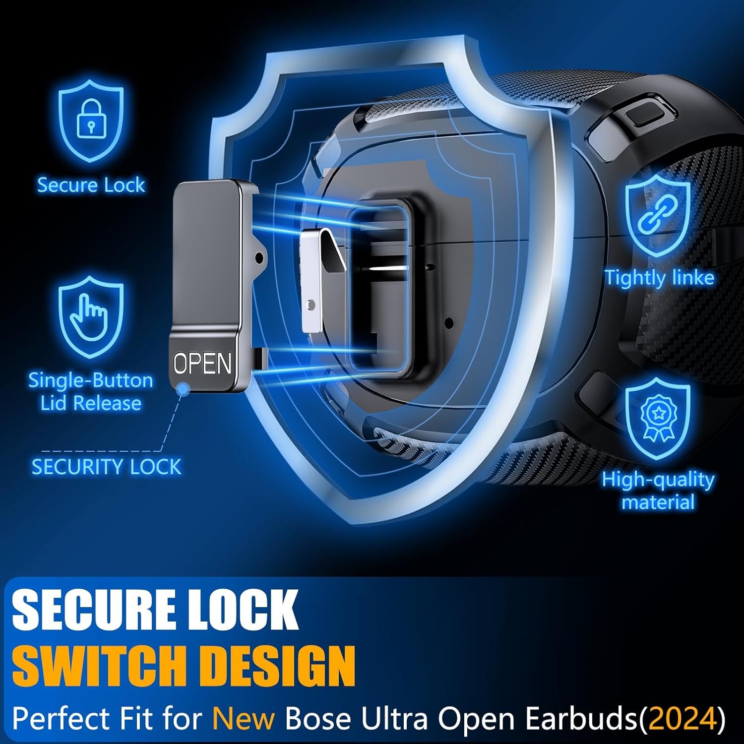 for Bose Ultra Open Earbuds Case Cover 2024 with Cleaner Kit,Military Hard Cover with Lock for Bose Open Ear Earbuds Charging Case Accessories with Keychain for Men Women-Black - Image 3