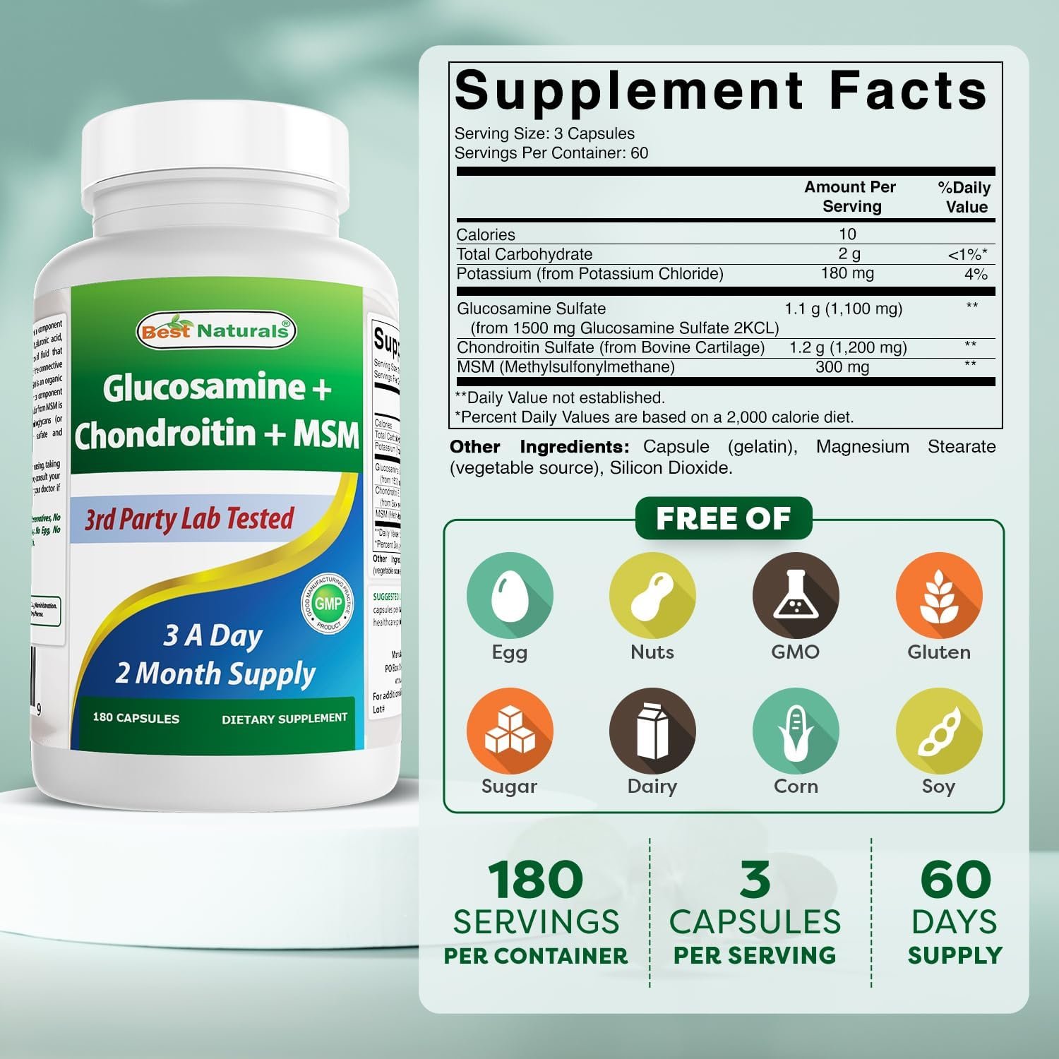 Best Naturals, Glucosamine Chondroitin and MSM Joint Supplements, 2600 mg per Serving, (180 Count (Pack of 3)) - Image 3