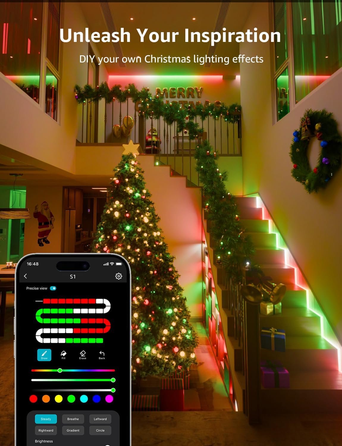 Lepro S1 AI LED Strip Lights for Christmas Decorations, 32.8ft Smart RGB Light Strips with IC and Rainbow Chasing Effects, Color Segment DIY, AI Generated Lighting, No Remote, 2.4G Wi-Fi & Bluetooth - Image 5