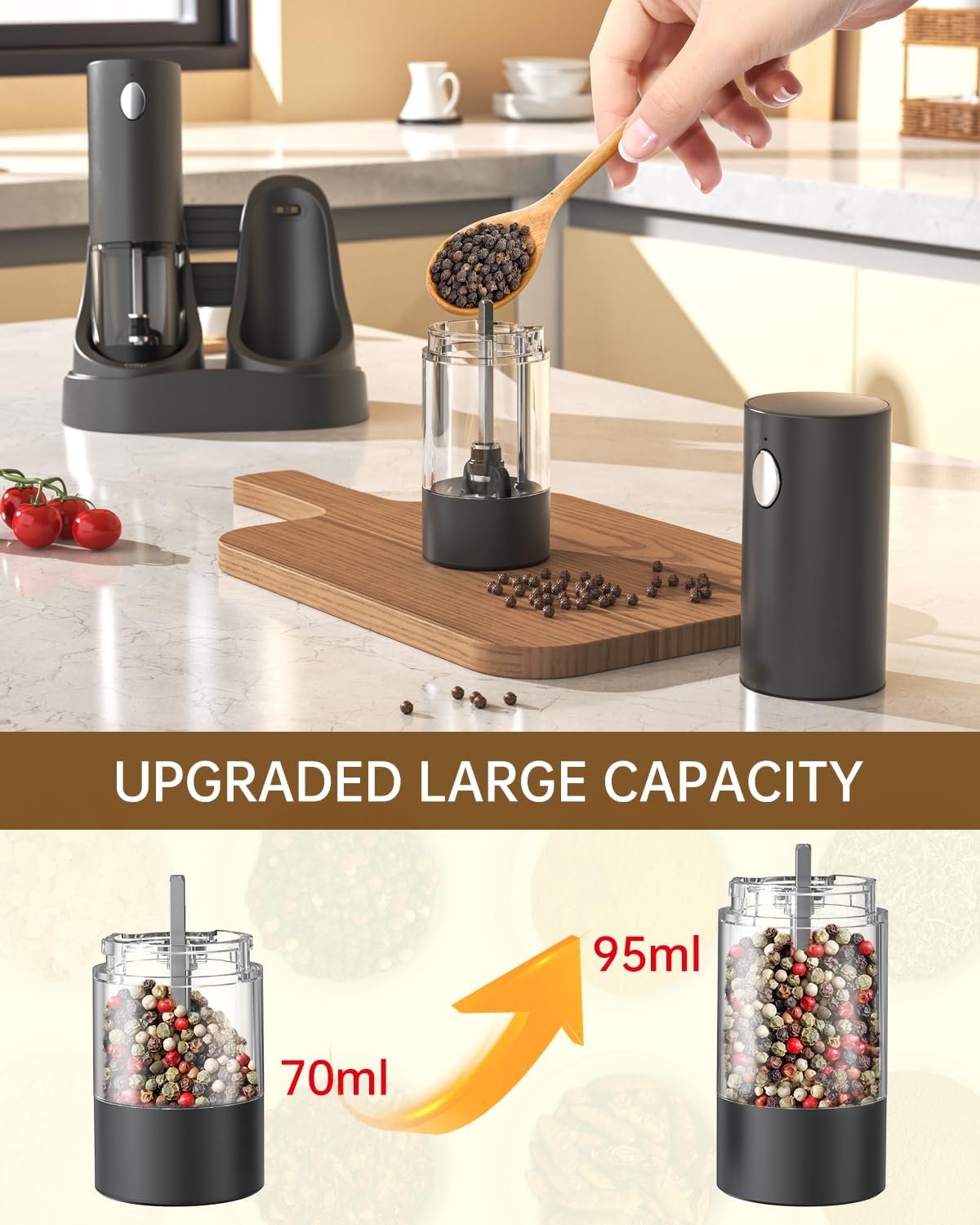 CIRCLE JOY Electric Salt and Pepper Grinder Set Automatic Salt and Pepper Grinder Set with Easy-to-Carry Charging Base and LED Light, Adjustable Coarseness, USB Rechargeable, Washable Container, Black - Image 6