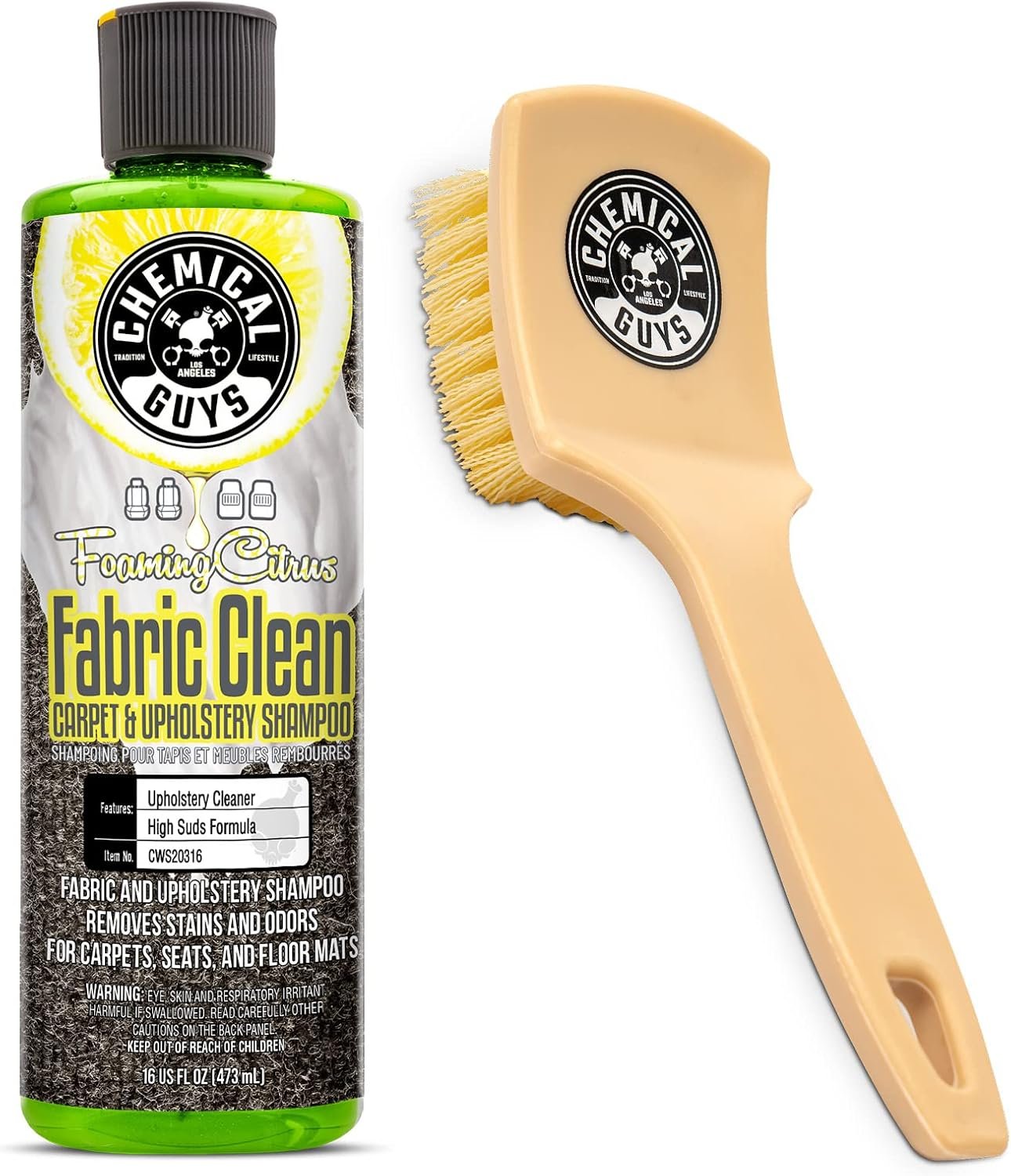 Chemical Guys CWS20316 Foaming Citrus Fabric Clean Carpet & Upholstery Cleaner (Car Carpets, Seats & Floor Mats), 16 fl oz, Citrus Scent + ACCG25 Induro 7 Heavy Duty Nifty Interior Brush - Image 2