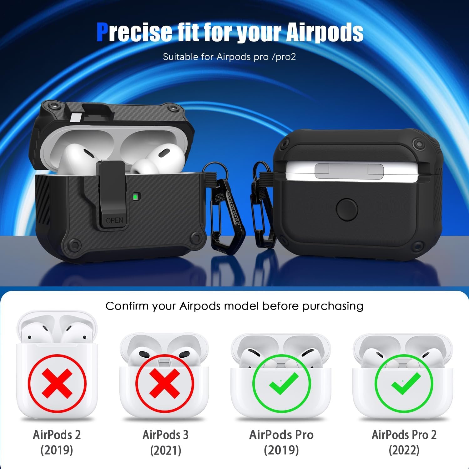 RFUNGUANGO for AirPods Pro 2nd /1st Generation Case Cover, Automatic Pop-up Carbon Fiber Case with Secure Lock Clip, Full Body Shockproof Hard Shell Protective Case for (2023/2022/2019)-Black - Image 6