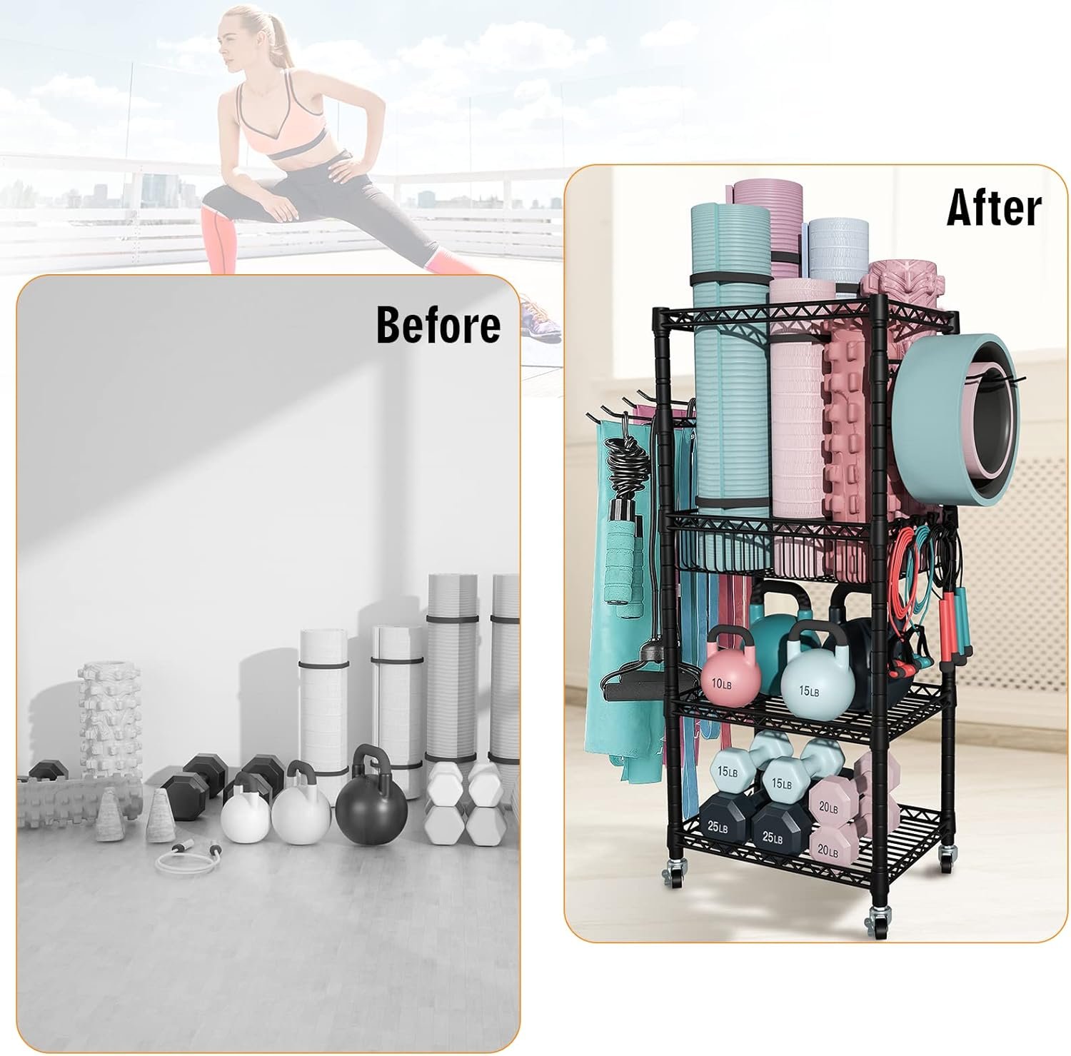 S1 Home Gym Storage, 3-Tier Workout Equipment Organizer with Wheels for Yoga Mats, Foam Roller, Dumbbells, Kettlebells, and Resistance Bands, 47.4" H x 27.5" L x 11.8" D, Black - Image 8