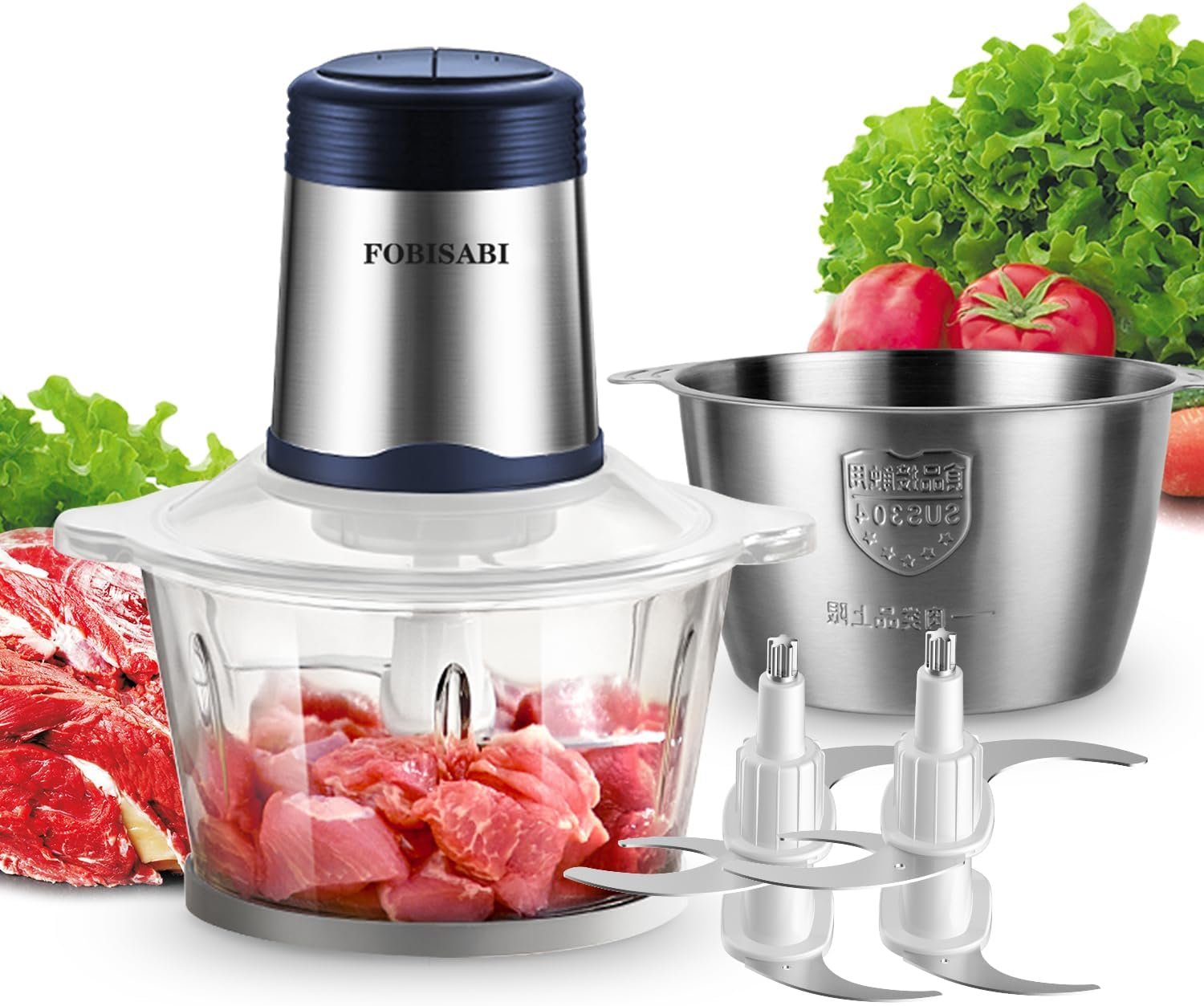 Food Processor- Electric Meat Grinder and Food Chopper With 2 Bowls (8 Cup+ 8 Cup) with Powerful 300W Copper Motor- Includes 2 Sets of Bi-Level Blades for Meat Vegetables Fruits and Baby Food (Blue) - Image 2